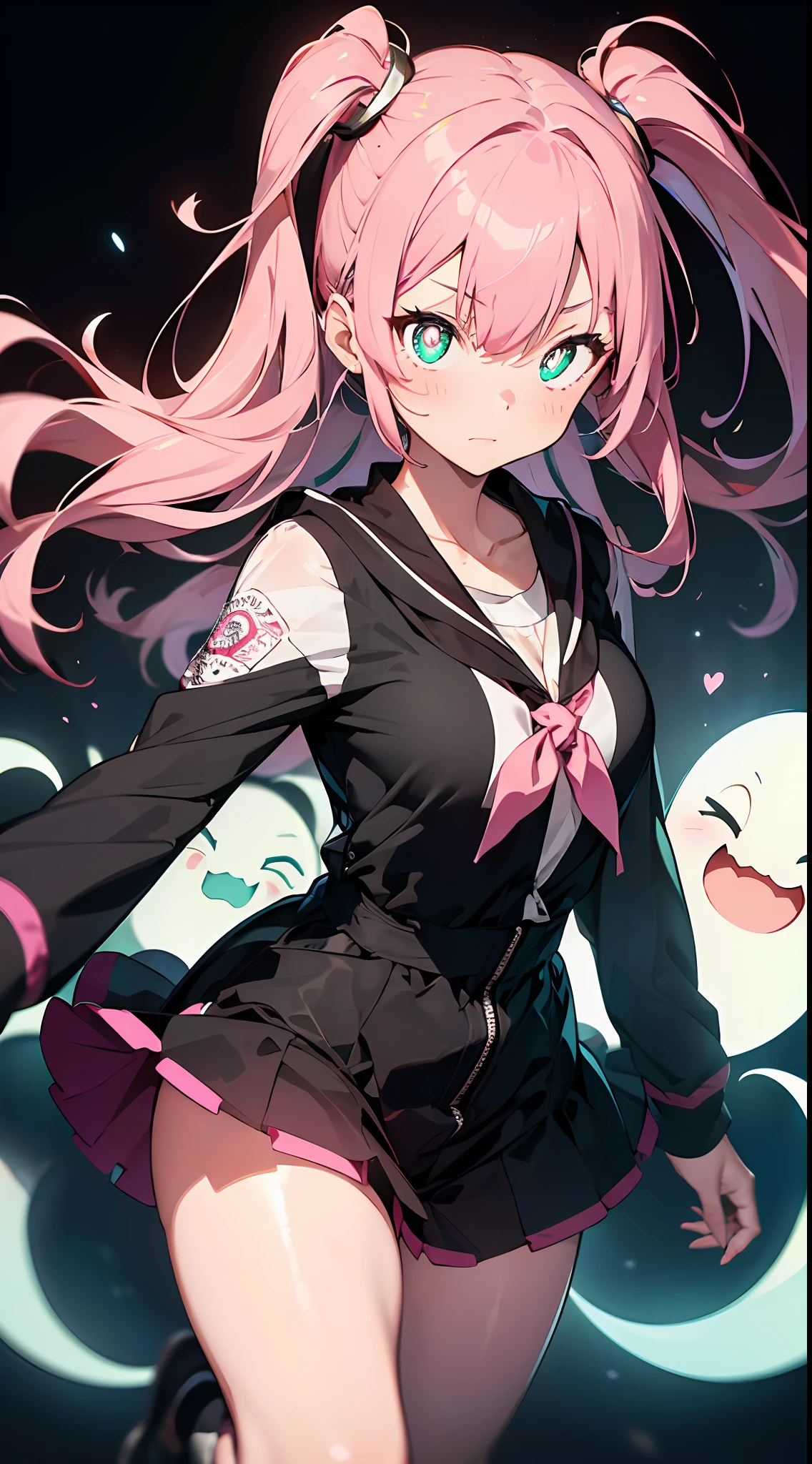 ghosts:, colorful ghosts:2,Shining Ghost:2 Black Wizard:2.(((masutepiece))),((ultra hyper-detailed,Best quality, A high resolution, )),fullllbody,Fulll body Shot (1 girl in)((Pink hair, Long hair,Straight hair,two side up)) (Green eyes),eyeshadows, eye line,gloweyes, ultradetailed eyes, intricate eyes, Beautiful eyes, ((Glowing pink pupils))18-year-old girl. (Black background: 1.5)