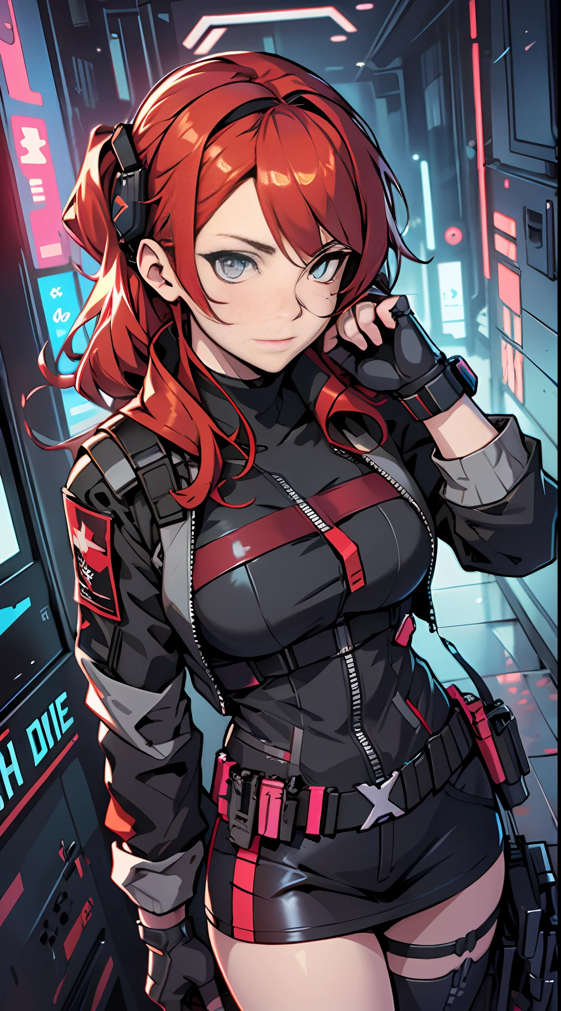 anime girl with red hair and black outfit standing in a room, from girls frontline, redline anime movie style, girls frontline style, Girls Frontline CG, From Arknights, girls frontline universe, cyberpunk anime girl, female cyberpunk anime girl, Fine details. Girl front, Girl front, cyberpunk anime girl mech, Kantai collection style, digital cyberpunk anime art