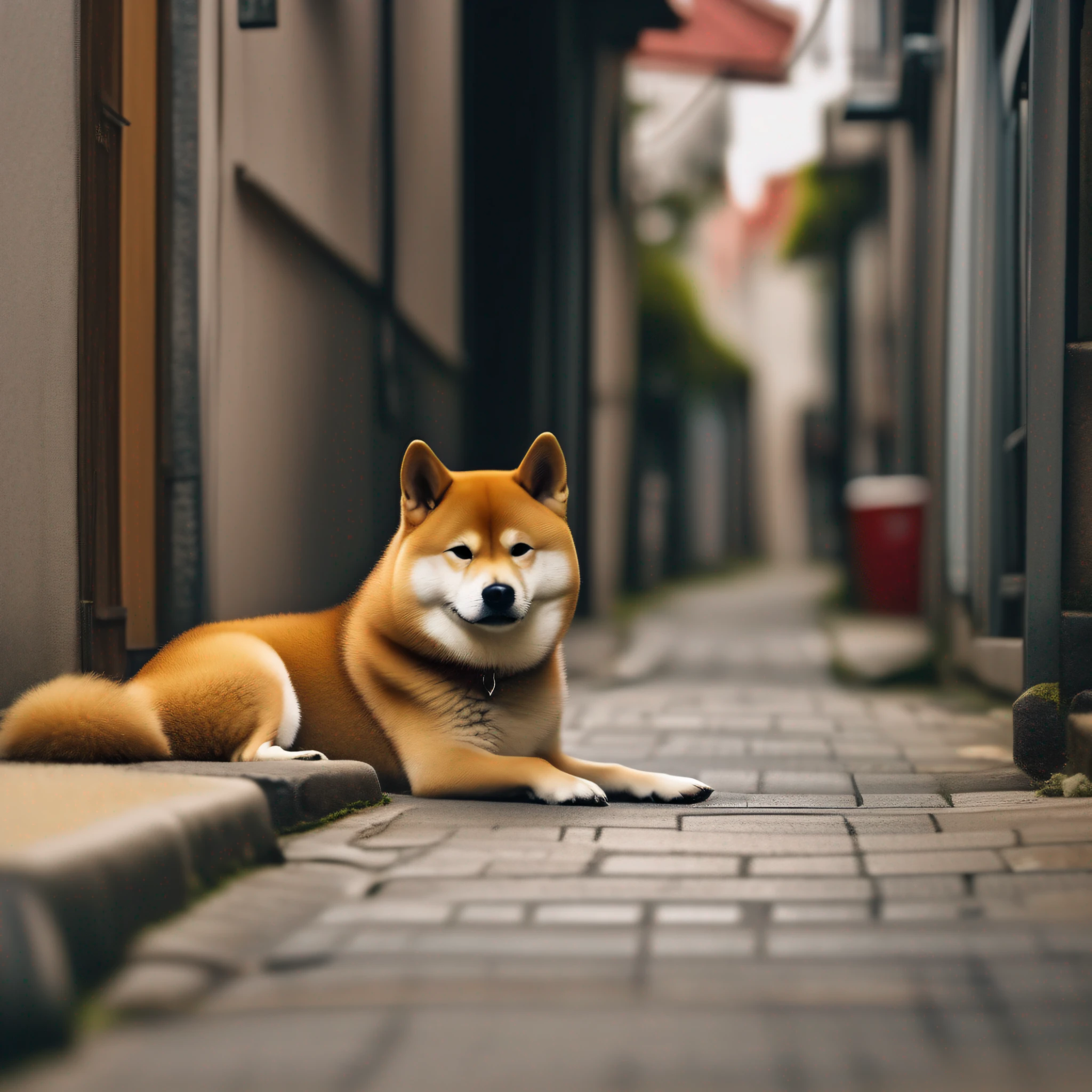 there is a dog that is sitting on the ground in the alley, japanese dog, Detalhe extra, Dog cute, Assunto: cane, Foto retrato, Lobo Peludo, anthropomorphic shiba inu, imagem ultra realista, pele hiper realista, Foto altamente realista, Foto tirada com Sony A7R, um ultra realista, Alexey Egorov, alto detalhamento)