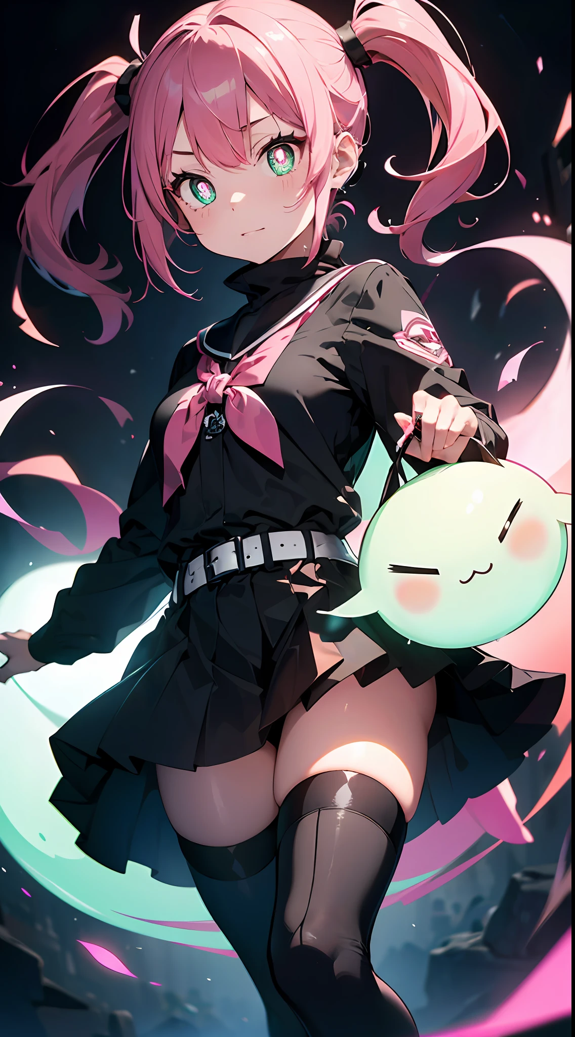 wideshot:2,ghosts:3, A multitude of ghosts:2,colorful ghosts:2,Shining Ghost:2 Black Wizard:2.(((masutepiece))),((ultra hyper-detailed,Best quality, A high resolution, )),fullllbody,Fulll body Shot (1 girl in)((Pink hair, Long hair,Straight hair,two side up)) (Green eyes),eyeshadows, eye line, ((Glowing pink pupils))18-year-old girl. (Black background: 1.5)boots