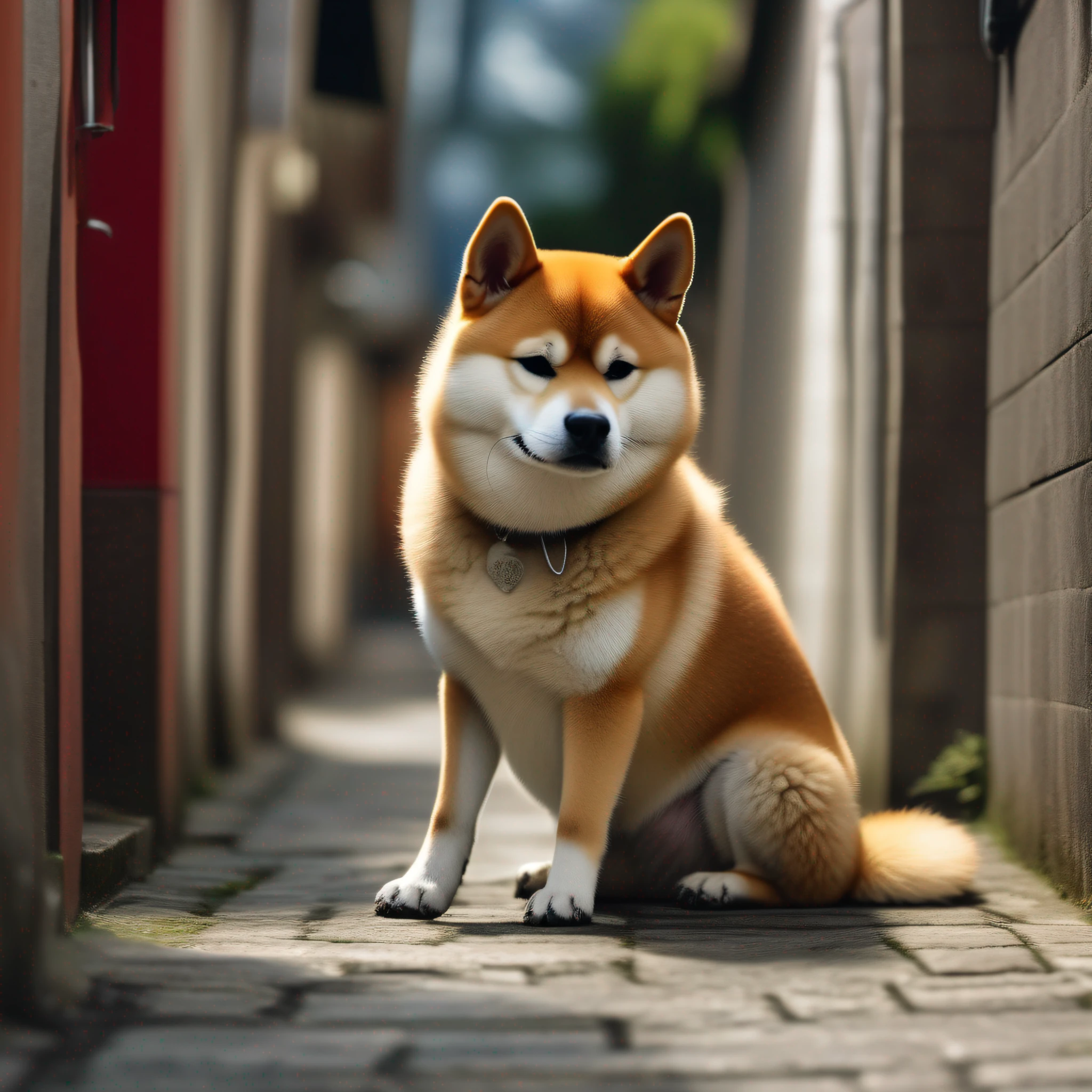 there is a dog that is sitting on the ground in the alley, japanese dog, Detalhe extra, Dog cute, Assunto: cane, Foto retrato, Lobo Peludo, anthropomorphic shiba inu, imagem ultra realista, pele hiper realista, Foto altamente realista, Foto tirada com Sony A7R, um ultra realista, Alexey Egorov, alto detalhamento)