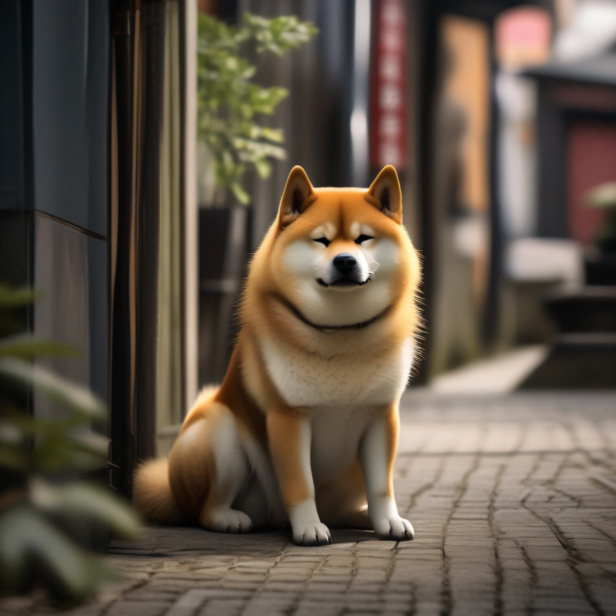 there is a dog that is sitting on the ground in the alley, japanese dog, Detalhe extra, Dog cute, Assunto: cane, Foto retrato, Lobo Peludo, anthropomorphic shiba inu, imagem ultra realista, pele hiper realista, Foto altamente realista, Foto tirada com Sony A7R, um ultra realista, Alexey Egorov, alto detalhamento)