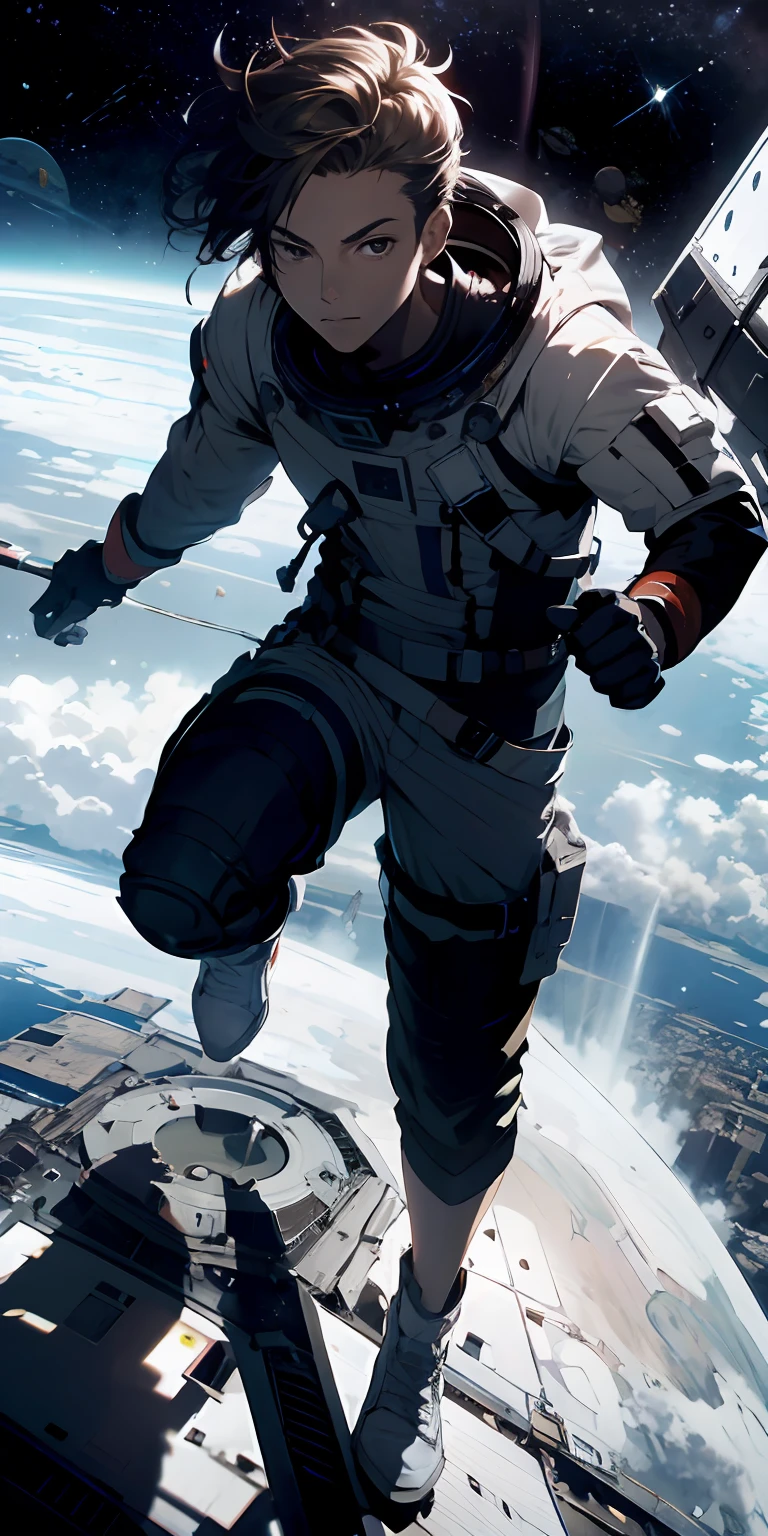 absurd resolution, alta resolução, (obra-prima: 1.4), ultra-detalhado, 1man, assustado, de cima, outer space, flutuante