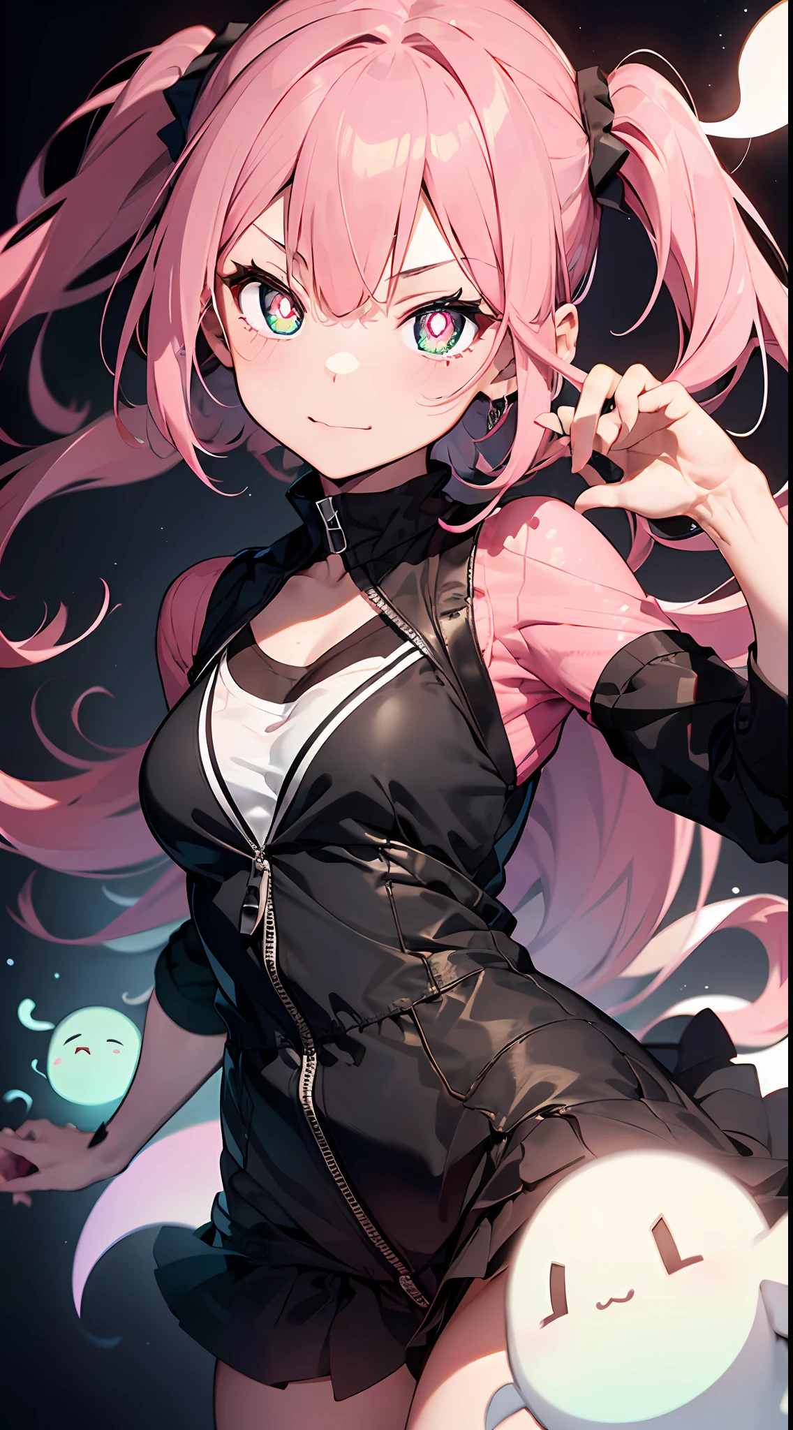 ghosts:3, colorful ghosts:2,Shining Ghost:2 Black Wizard:2.(((masutepiece))),((ultra hyper-detailed,Best quality, A high resolution, )),fullllbody,Fulll body Shot (1 girl in)((Pink hair, Long hair,Straight hair,two side up)) (Green eyes),eyeshadows, eye line, ((Glowing pink pupils))18-year-old girl. (Black background: 1.5)