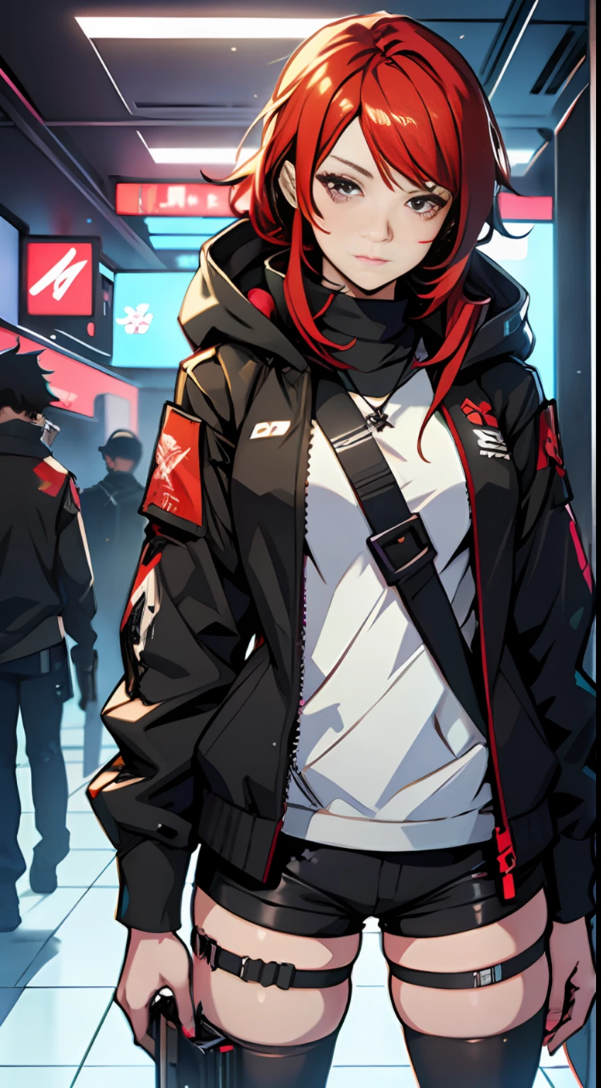 anime girl with red hair and black outfit standing in a room, from girls frontline, redline anime movie style, girls frontline style, Girls Frontline CG, From Arknights, girls frontline universe, cyberpunk anime girl, female cyberpunk anime girl, Fine details. Girl front, Girl front, cyberpunk anime girl mech, Kantai collection style, digital cyberpunk anime art