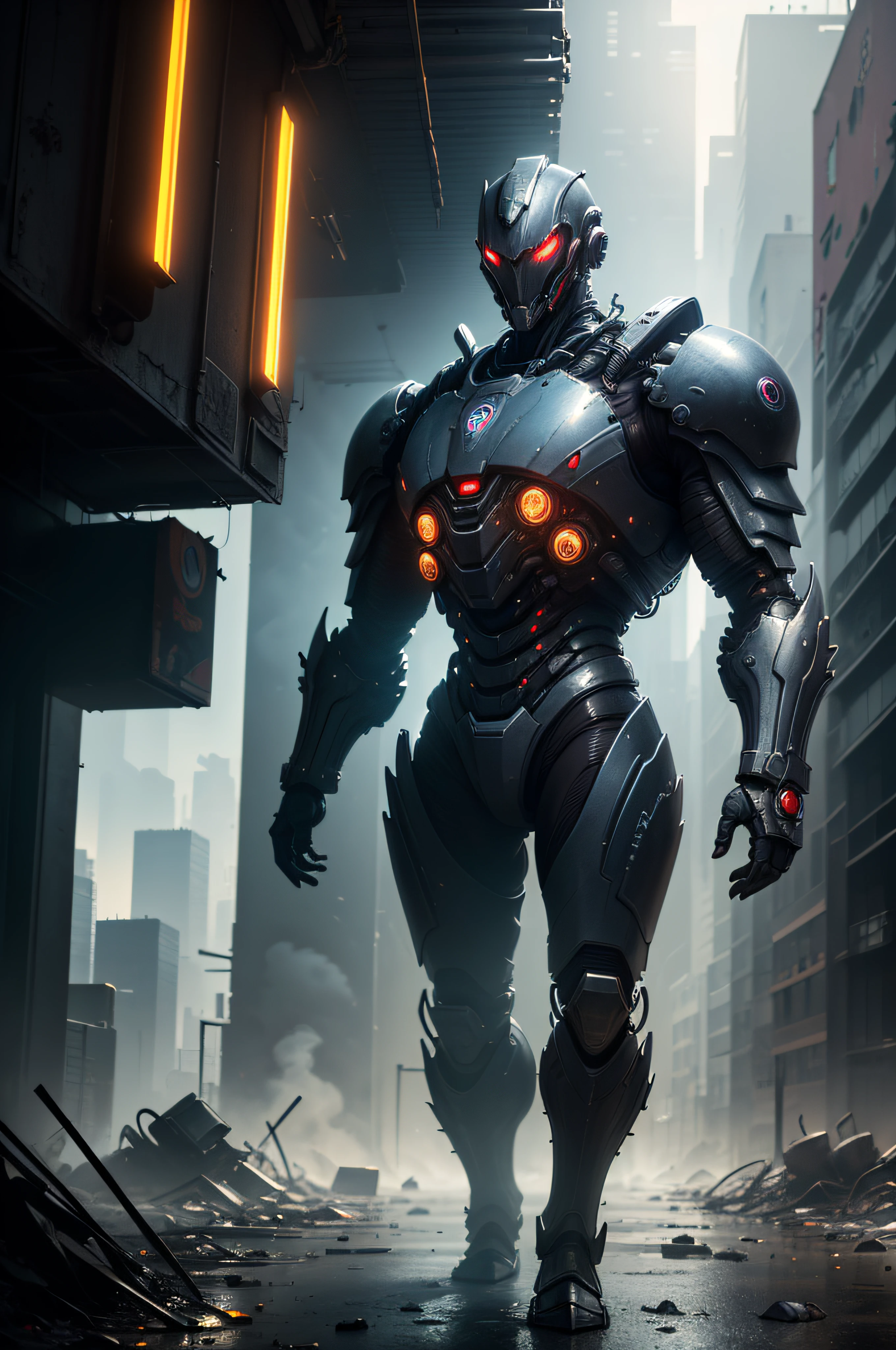 (masterpiece, best quality, ultra-detailed),(cyberpunk, techno-punk),(a creature with technological armor),(post-apocalyptic, alien city),(volumetric light),(dynamic angle),(detailed scenery) --auto