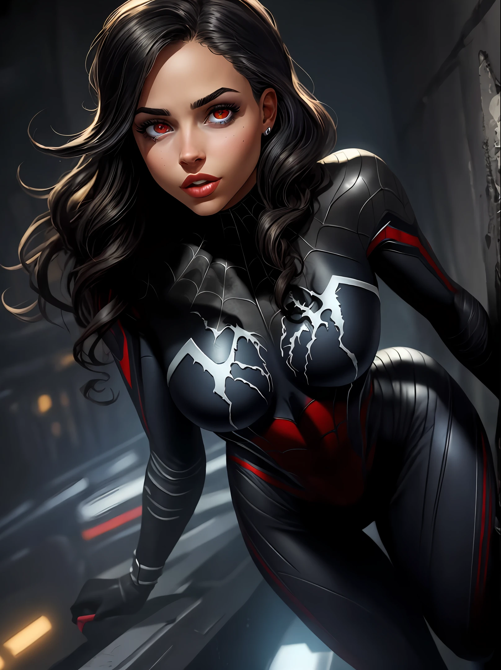 Brownskinned girl with heterochromia eyes and straight black hair, wearing the Venom suit from Spider-Man, hd, detailed, extremely detailed