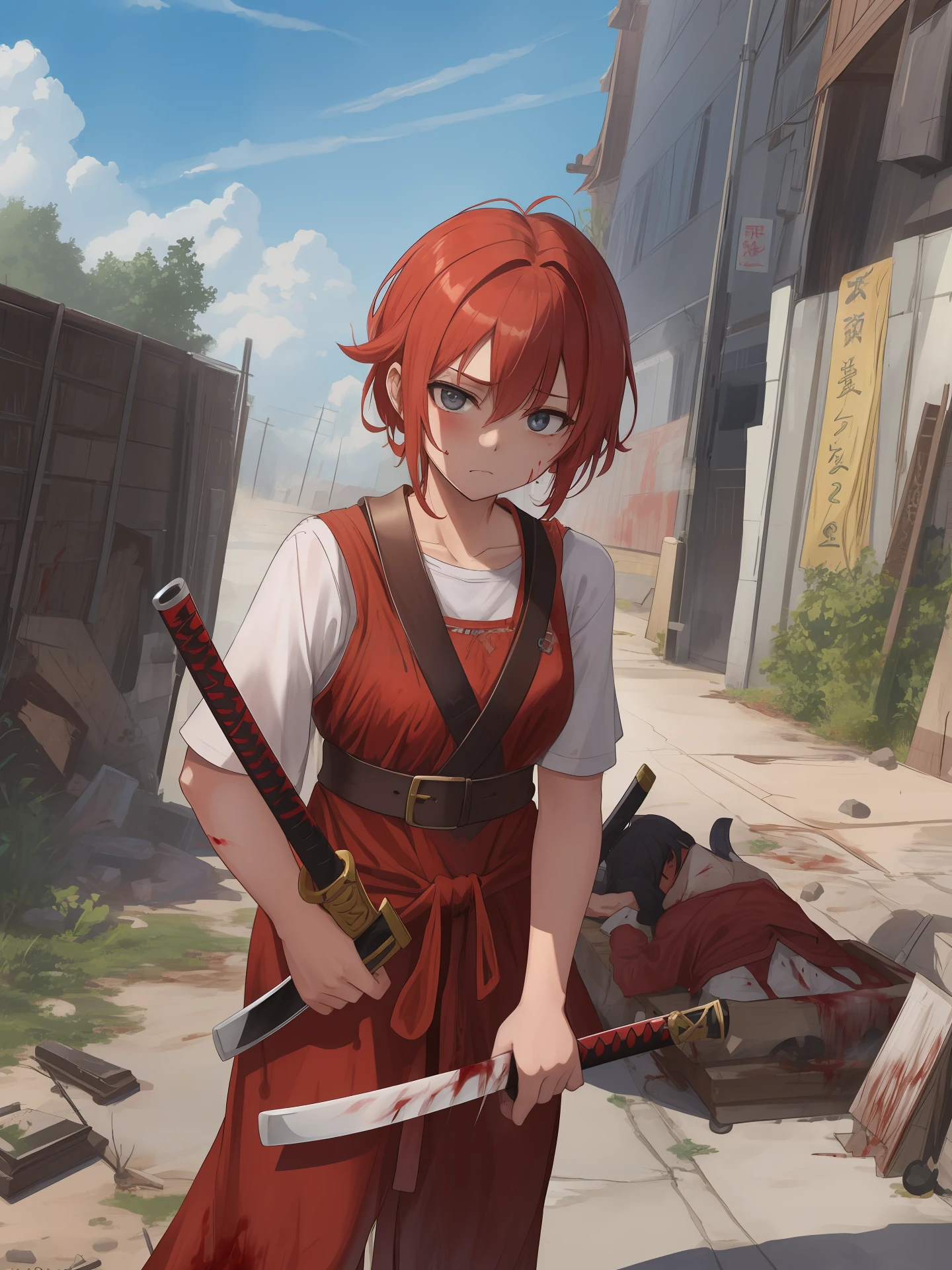 The Homeless God of War, style anime, Katana in hand, Behind is a pile of corpses drenched in blood;, There is smoke in the sky