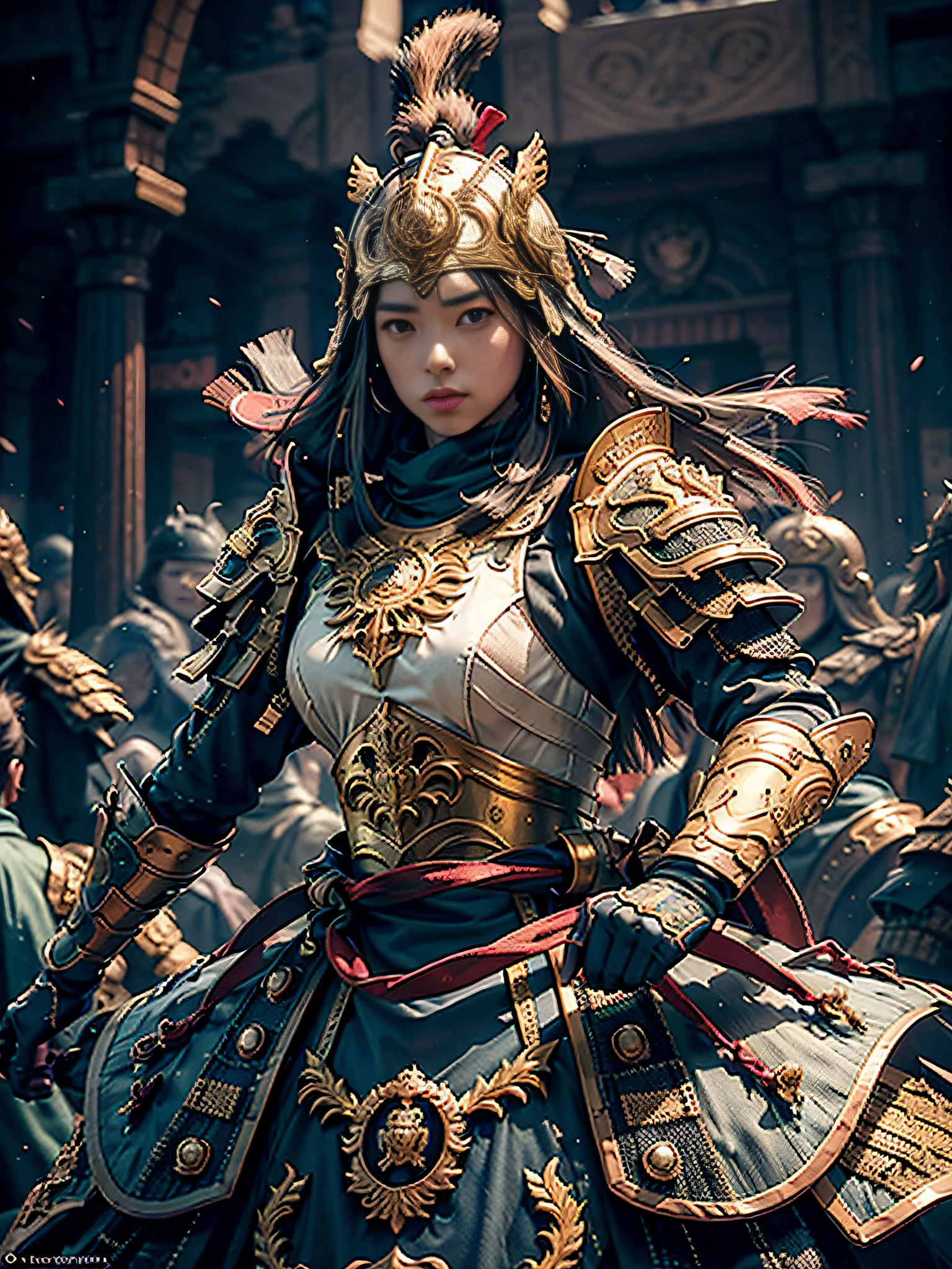 Extremely beautiful young lady,Subtle makeup,Hora de Ouro,realisticlying,highcontrast,8k HD,A detailed,hyper-detailing,realistic skin textures,longblackhair,Best Quority,Super-High Resolution,OriginalPhoto,dramatic lighting,unreal-engine,Diffuse luminescent complex golden Eaba,red capelet,spears,a shield