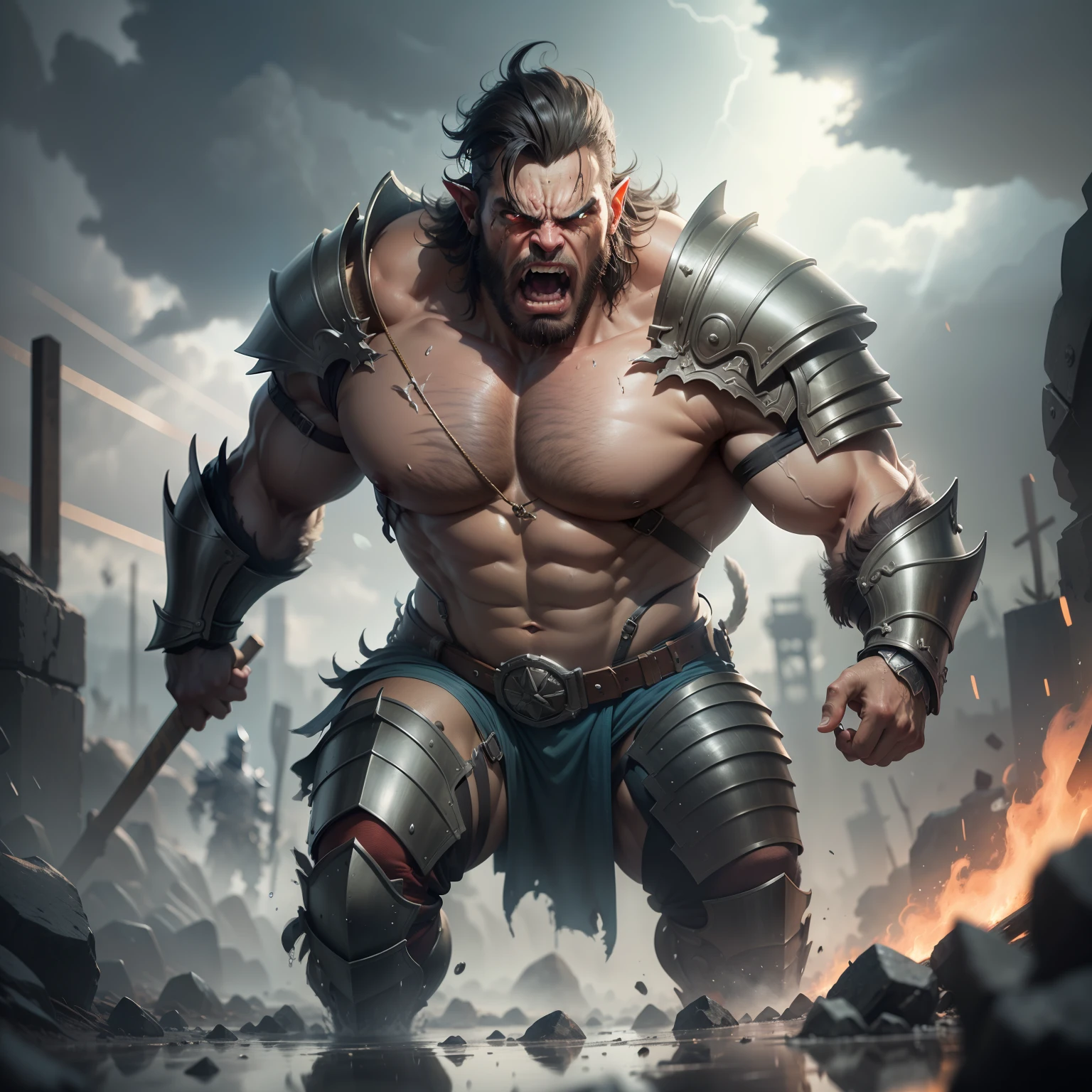 a professional photographic picture full body of a huge orc on a rainy battlefield standing with axes in hands, (((outrageous  armor))), ((gorgeous detailed face)), (((angry expression))), (wet brilliant skin), (((detailed skin with pores))), huge rippling muscles, bodybuilder, ((((patch of reflected light on the skin)))), storm clouds, photorealistic, photographic filter unreal engine 5 realistic hyperdetailed 8 k ultradetail cinematic volumetric lighting, hd, hdr, cinematic 4 k wallpaper, 8 k, ultra detailed, high resolution, glowing rich colors powerful imagery