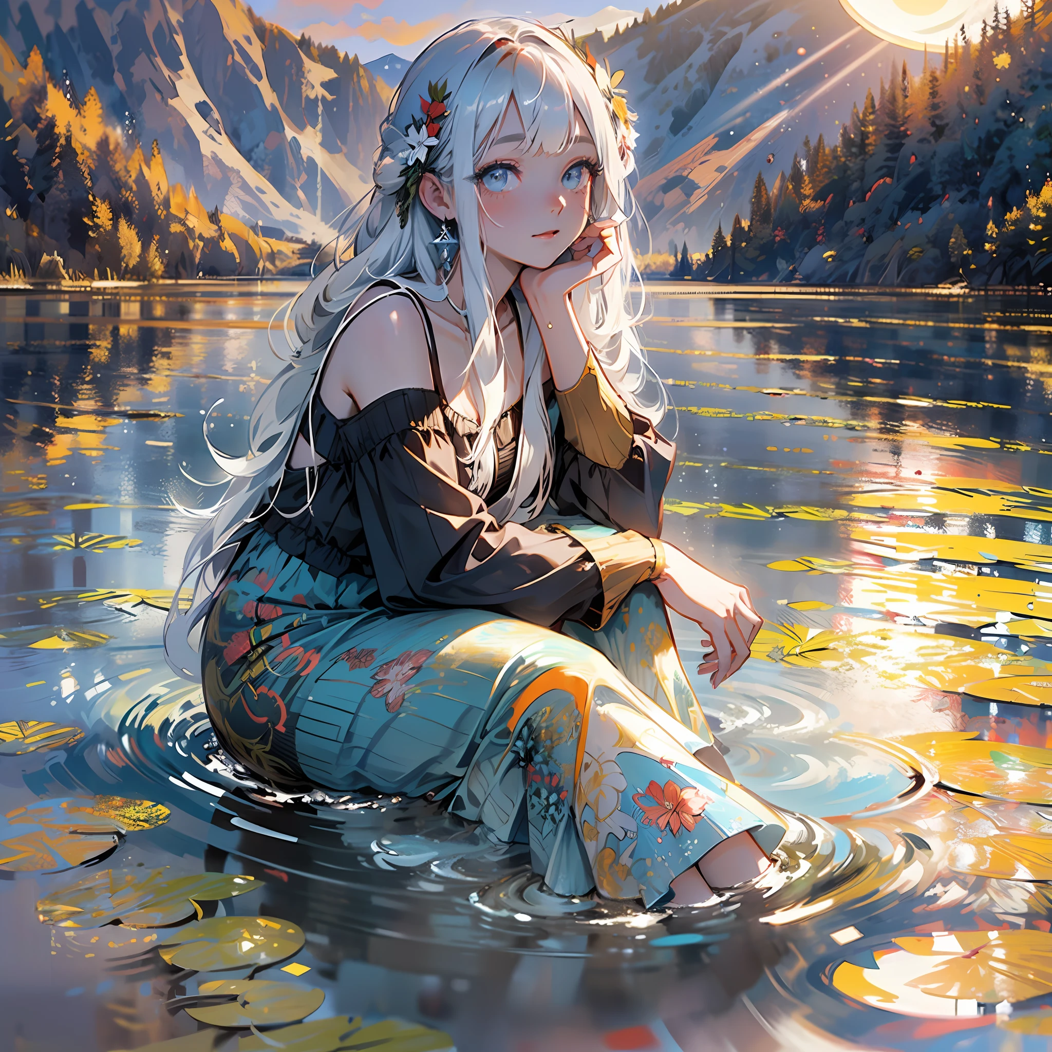 depth of fied, 1girl, grey hair, long hair, long dress, sunset, from a side, on the water surface, hugging own legs, looking at viewer, the mountains on both sides have a lake in the middle, detailed water surface, sun reflected on the water in the horizon, (movie poster), (English text:1.5), (white border:1.4), (night:1.4), nature,