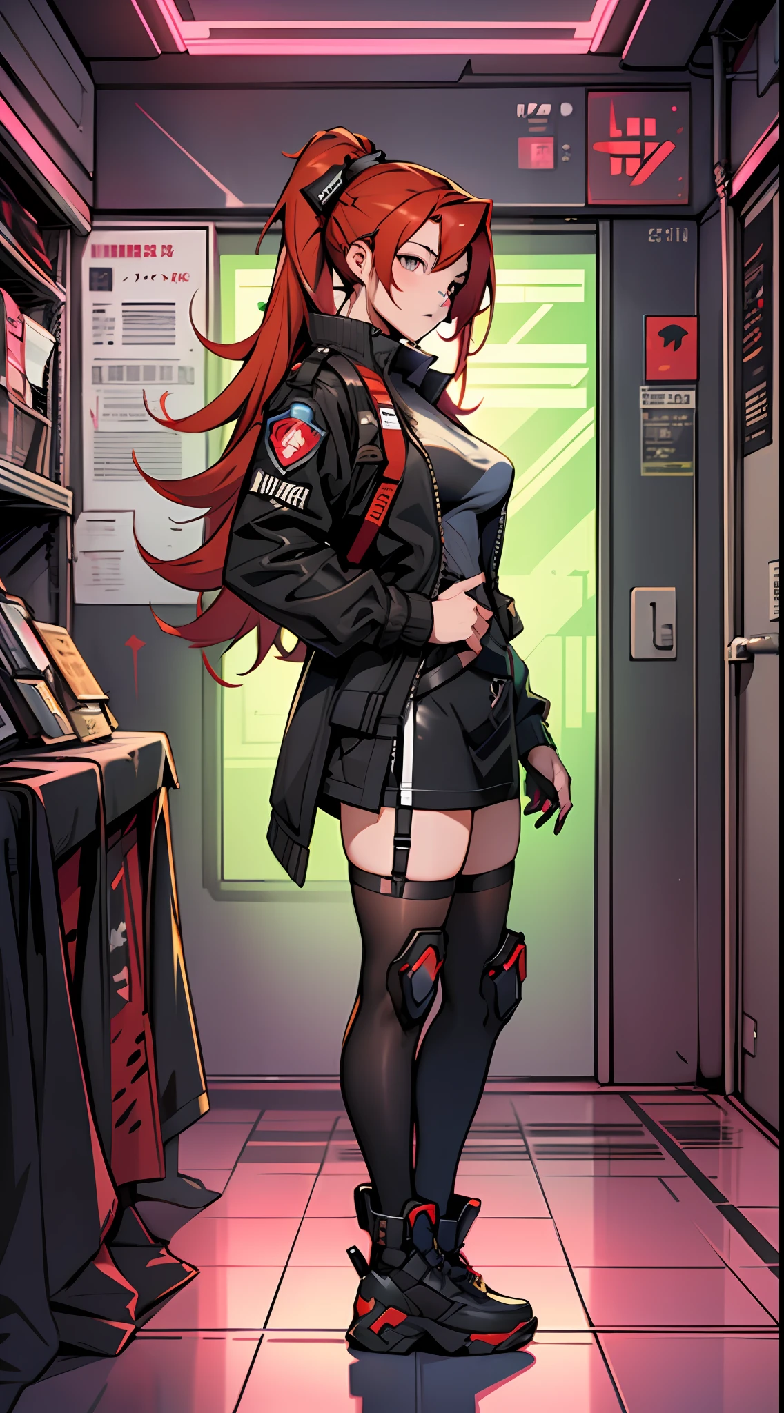 anime girl with red hair and black outfit standing in a room, from girls frontline, redline anime movie style, girls frontline style, Girls Frontline CG, From Arknights, girls frontline universe, cyberpunk anime girl, female cyberpunk anime girl, Fine details. Girl front, Girl front, cyberpunk anime girl mech, Kantai collection style, digital cyberpunk anime art