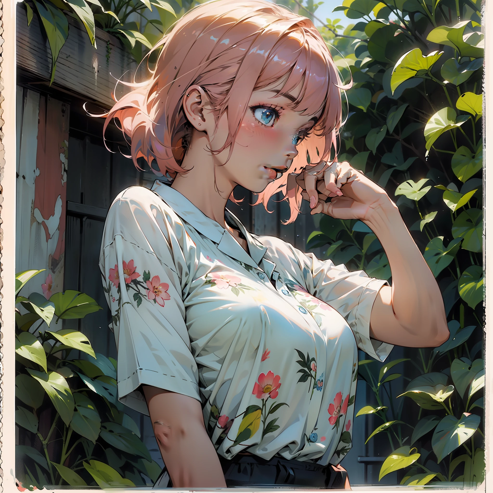 water colour, 1girl huge large breasts, solo dance, Pink hair, Upper body, shirt, leafs, profile, plant, bangs, Short sleeves, Blush, Medium hair, Traditional media, print shirt, Painting \(mediating\)