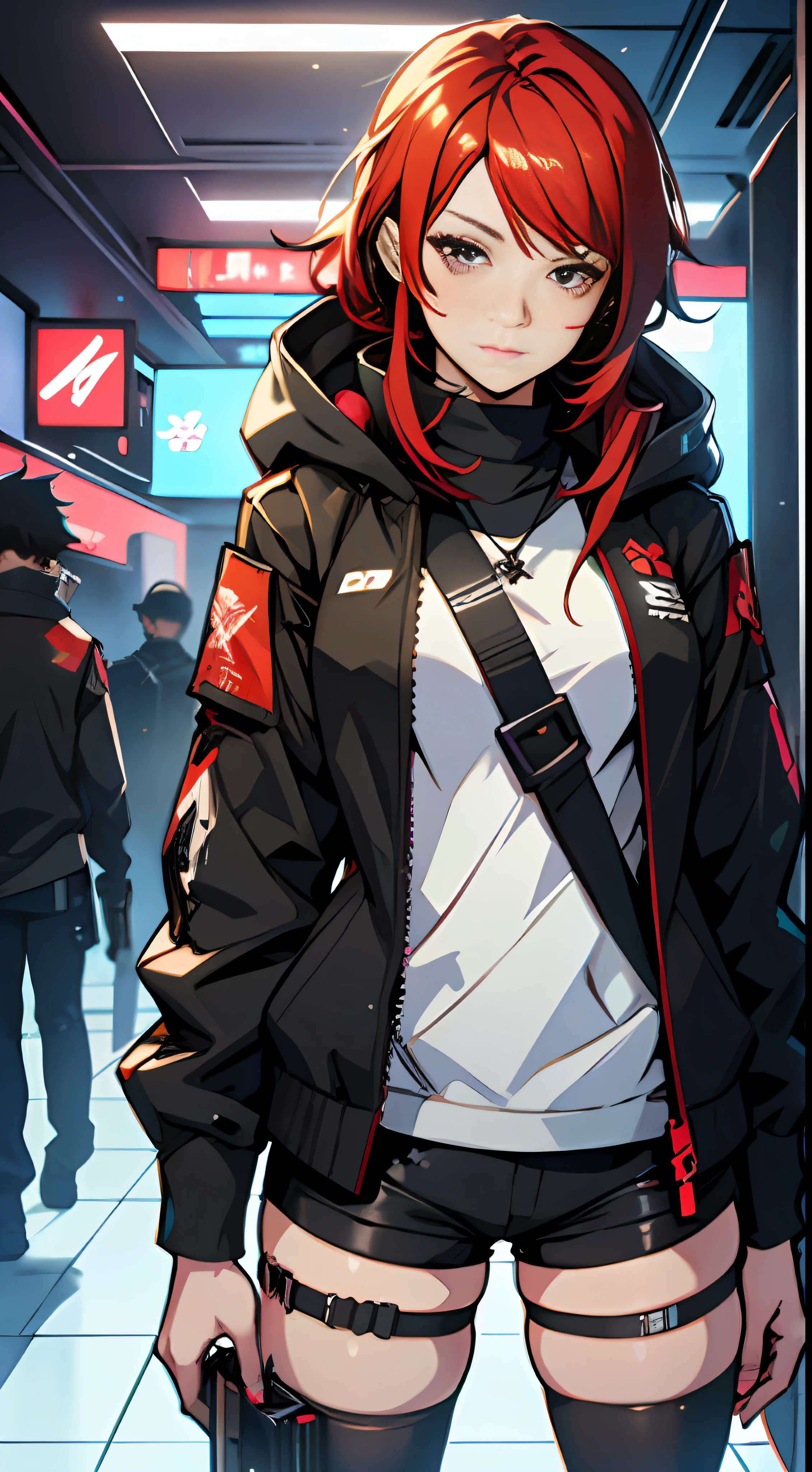 anime girl with red hair and black outfit standing in a room, from girls frontline, redline anime movie style, girls frontline style, Girls Frontline CG, From Arknights, girls frontline universe, cyberpunk anime girl, female cyberpunk anime girl, Fine details. Girl front, Girl front, cyberpunk anime girl mech, Kantai collection style, digital cyberpunk anime art