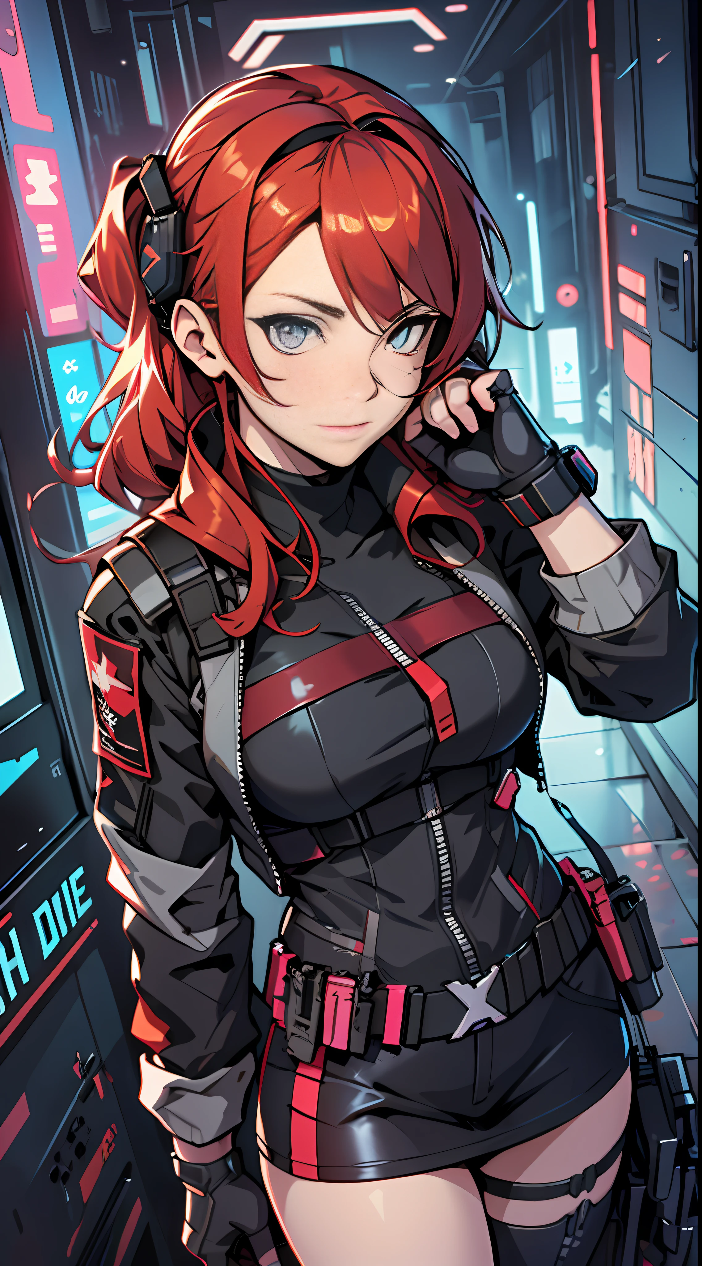 anime girl with red hair and black outfit standing in a room, from girls frontline, redline anime movie style, girls frontline style, Girls Frontline CG, From Arknights, girls frontline universe, cyberpunk anime girl, female cyberpunk anime girl, Fine details. Girl front, Girl front, cyberpunk anime girl mech, Kantai collection style, digital cyberpunk anime art