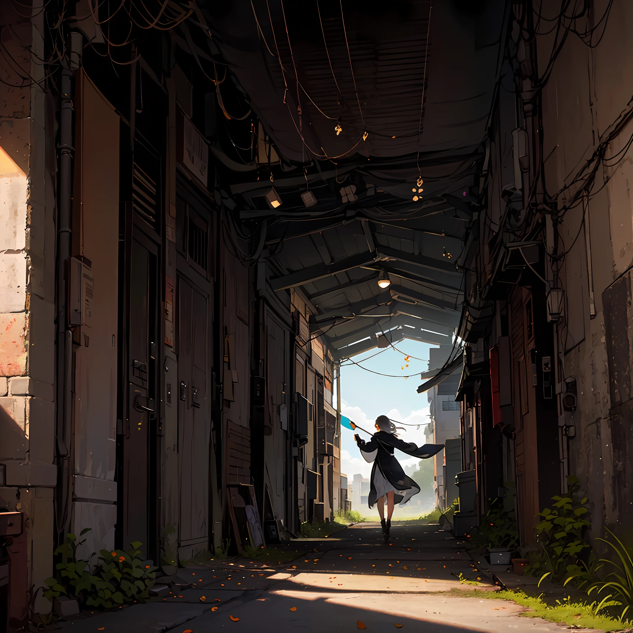 Expansive landscape photograph (seen from below, on which you can see the sun, The sky above , The wind blows the leaves and the open street, alleyway, slums),in the foreground Girl, Running down the alley and looking up 1girl, dinamic angle, The Cloud and the Mountain, (flower field: 1.4) In the foreground,Girl in a gray cloak, A lot of leaves, Light tracing, (Floating colorful wind: 1) (photo-realistic: 1.4), offcial art, Unity 8k壁纸, Ultra-detailed, Beautiful and aesthetically pleasing, a masterpiece of, beste-Qualit, --auto