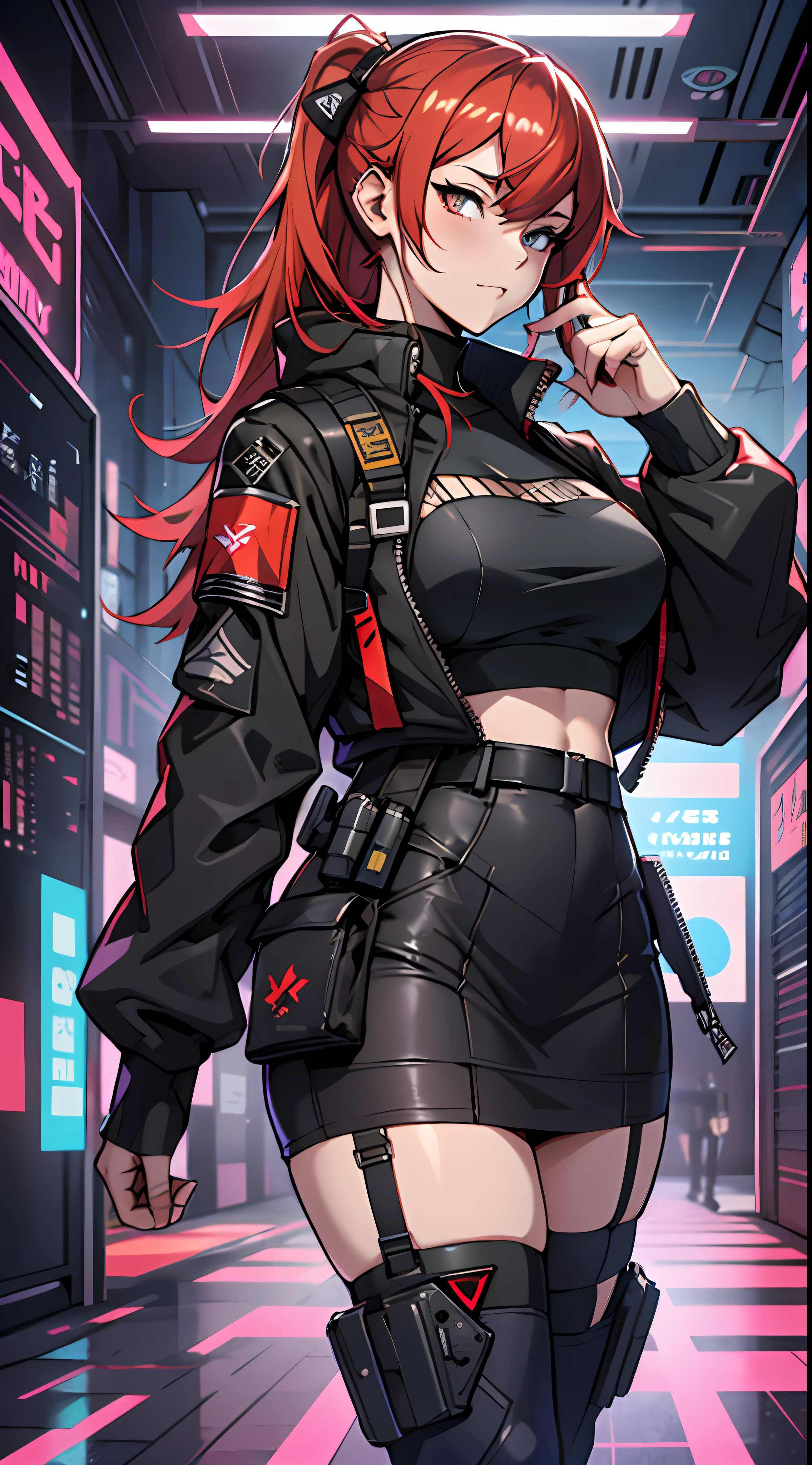 anime girl with red hair and black outfit standing in a room, from girls frontline, redline anime movie style, girls frontline style, Girls Frontline CG, From Arknights, girls frontline universe, cyberpunk anime girl, female cyberpunk anime girl, Fine details. Girl front, Girl front, cyberpunk anime girl mech, Kantai collection style, digital cyberpunk anime art