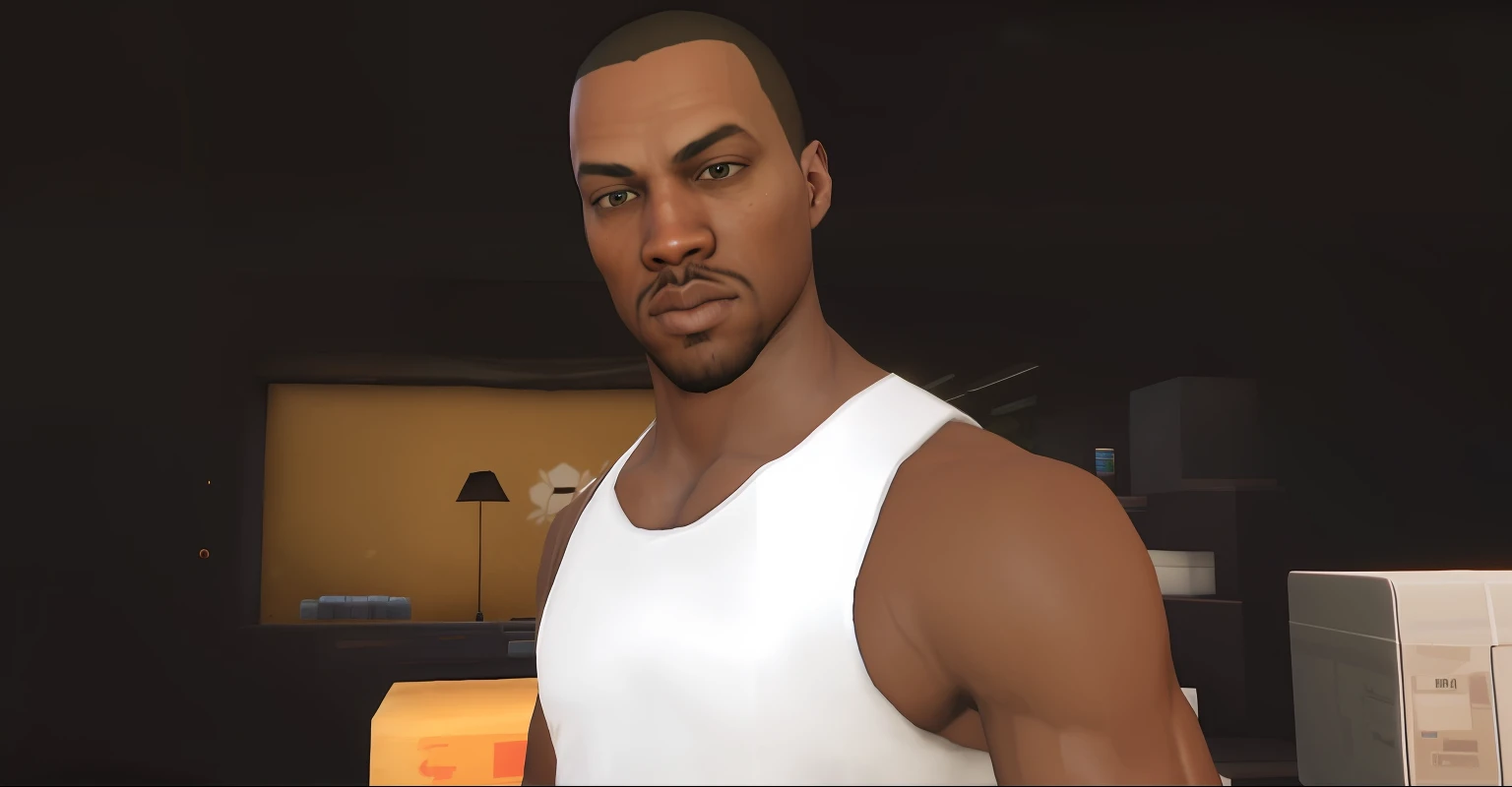 a close up of a man in a white tank top standing in a room, gta personagem, Como o protagonista de GTA 5, Kanye West em GTA v, como um personagem de gtav, Snoop Dogg em GTA V, drake em gta v, em gta san andreas, Jesse Pinkman em GTA v, gta v personagem, retrato africano Jesse Pinkman, cutscene de videogame --auto