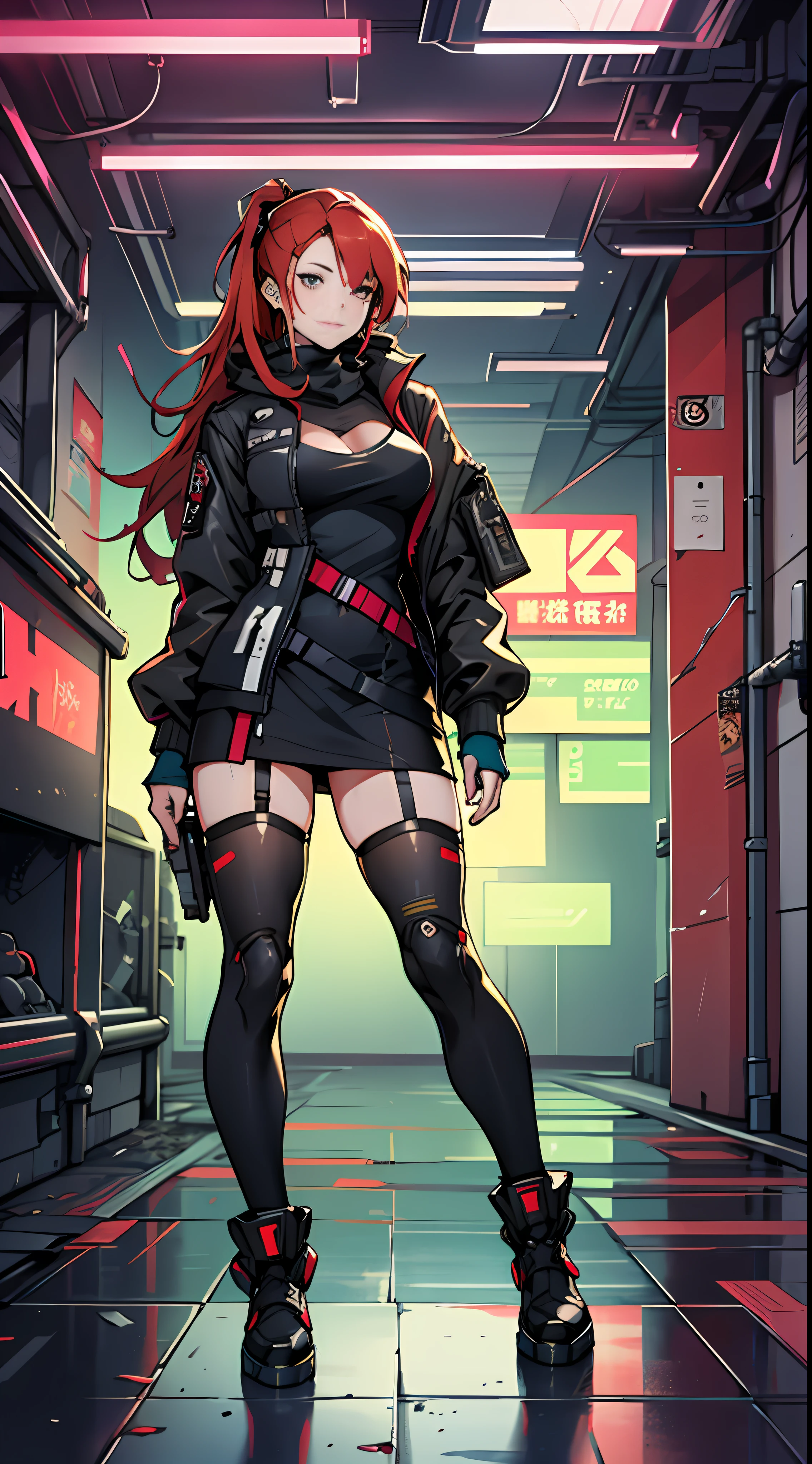 anime girl with red hair and black outfit standing in a room, from girls frontline, redline anime movie style, girls frontline style, Girls Frontline CG, From Arknights, girls frontline universe, cyberpunk anime girl, female cyberpunk anime girl, Fine details. Girl front, Girl front, cyberpunk anime girl mech, Kantai collection style, digital cyberpunk anime art