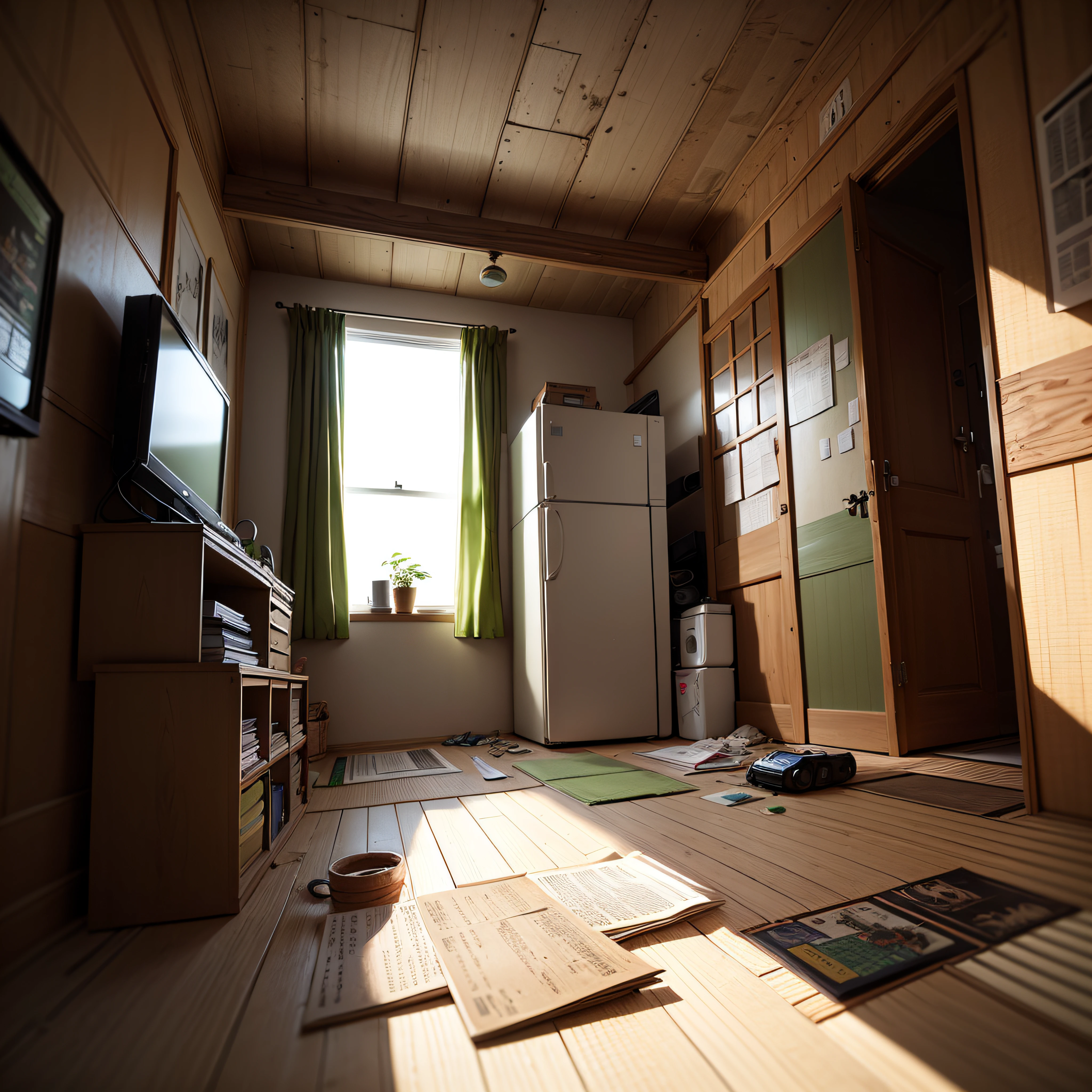 An abandoned house that seems to be inhabited by manga artists who can't sell、newspaper、Apartments in Showa、traditional Japanese room、Analog TV、Surreal and highly detailed illustrations、Image with objects very loaded、Viewpoint from below、The floor is tatami mats.、Walls with cracks、a trash can、wood wall、Rusty pipe、Gray and dark walls、 Empty box、Old paper on the floor、Damaged walls、Dim lighting、Very dark landscape shadows、moisture、plushie、wooden、Toys、cute little、Lots of green empty bottles、cupboard 、Wired classic game console --auto