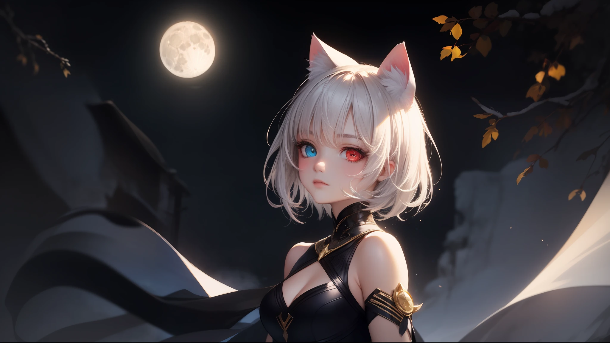 Masterpiece, (Best Quality:1.2), (Super Detail:1.2), Illustration, (Very Delicate and Beautiful:1.2), Cinematic Angle,(Beautiful Detail Eyes:1.1), (Detail Light:1.1),Movie Lighting, Beautifully Detailed Sky, White Short Hair, (Blue and Red Eyes), (High Ponytail:1.1), Glowing Eyes, (Moon:1.2), (Moonlight:1.1), Starry Sky, (Lighting Particles:1.1), Fog, Snow Painting, sketch, flower, (cat ears), (((heterochromia))), adult woman, shorthair, one girl