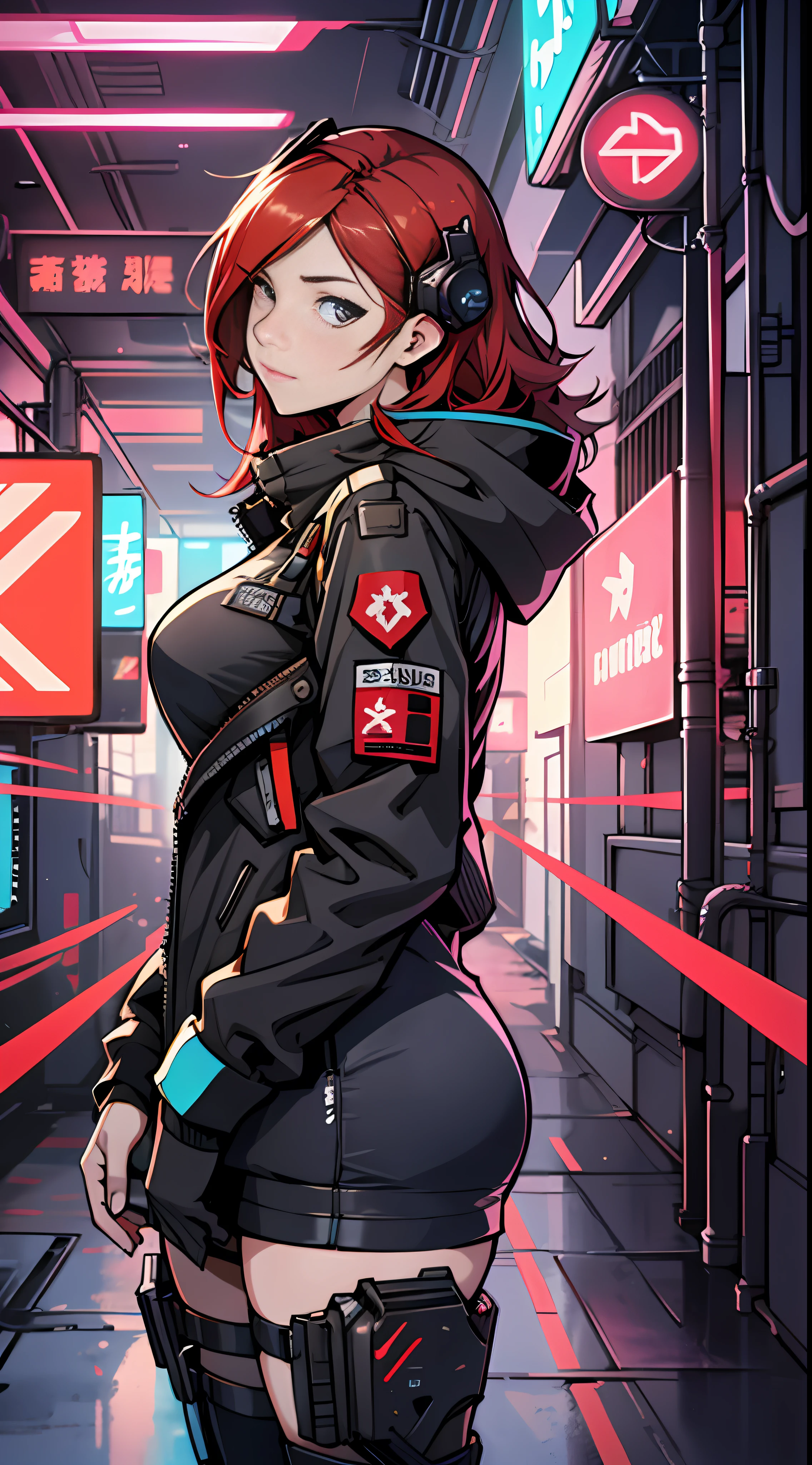 anime girl with red hair and black outfit standing in a room, from girls frontline, redline anime movie style, girls frontline style, Girls Frontline CG, From Arknights, girls frontline universe, cyberpunk anime girl, female cyberpunk anime girl, Fine details. Girl front, Girl front, cyberpunk anime girl mech, Kantai collection style, digital cyberpunk anime art