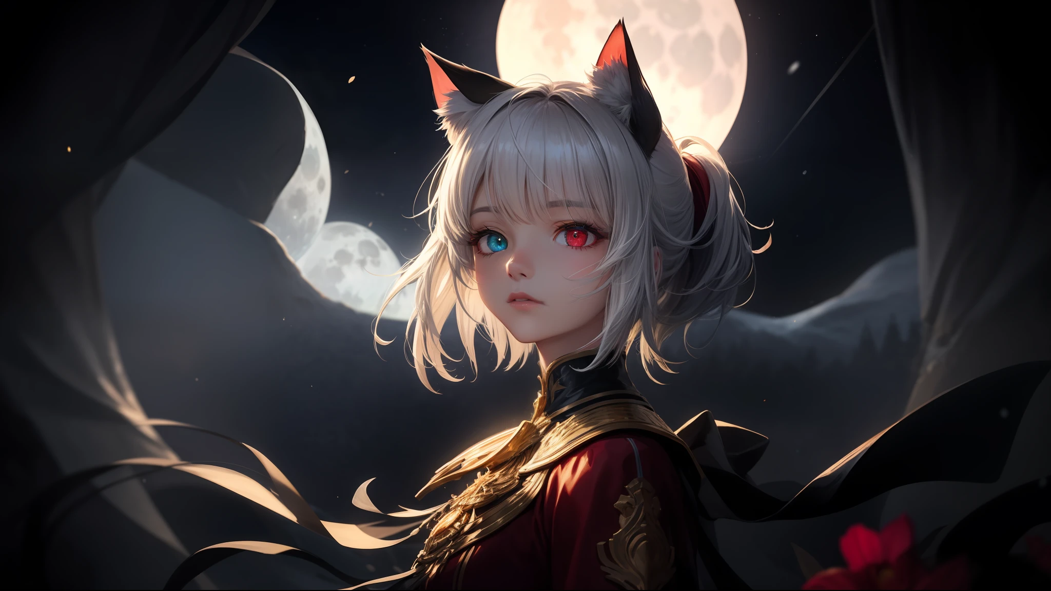 Masterpiece, (Best Quality:1.2), (Super Detail:1.2), Illustration, (Very Delicate and Beautiful:1.2), Cinematic Angle,(Beautiful Detail Eyes:1.1), (Detail Light:1.1),Movie Lighting, Beautifully Detailed Sky, White Short Hair, (Blue and Red Eyes), (High Ponytail:1.1), Glowing Eyes, (Moon:1.2), (Moonlight:1.1), Starry Sky, (Lighting Particles:1.1), Fog, Snow Painting, sketch, flower, (cat ears), (((heterochromia))), adult woman, shorthair, one girl