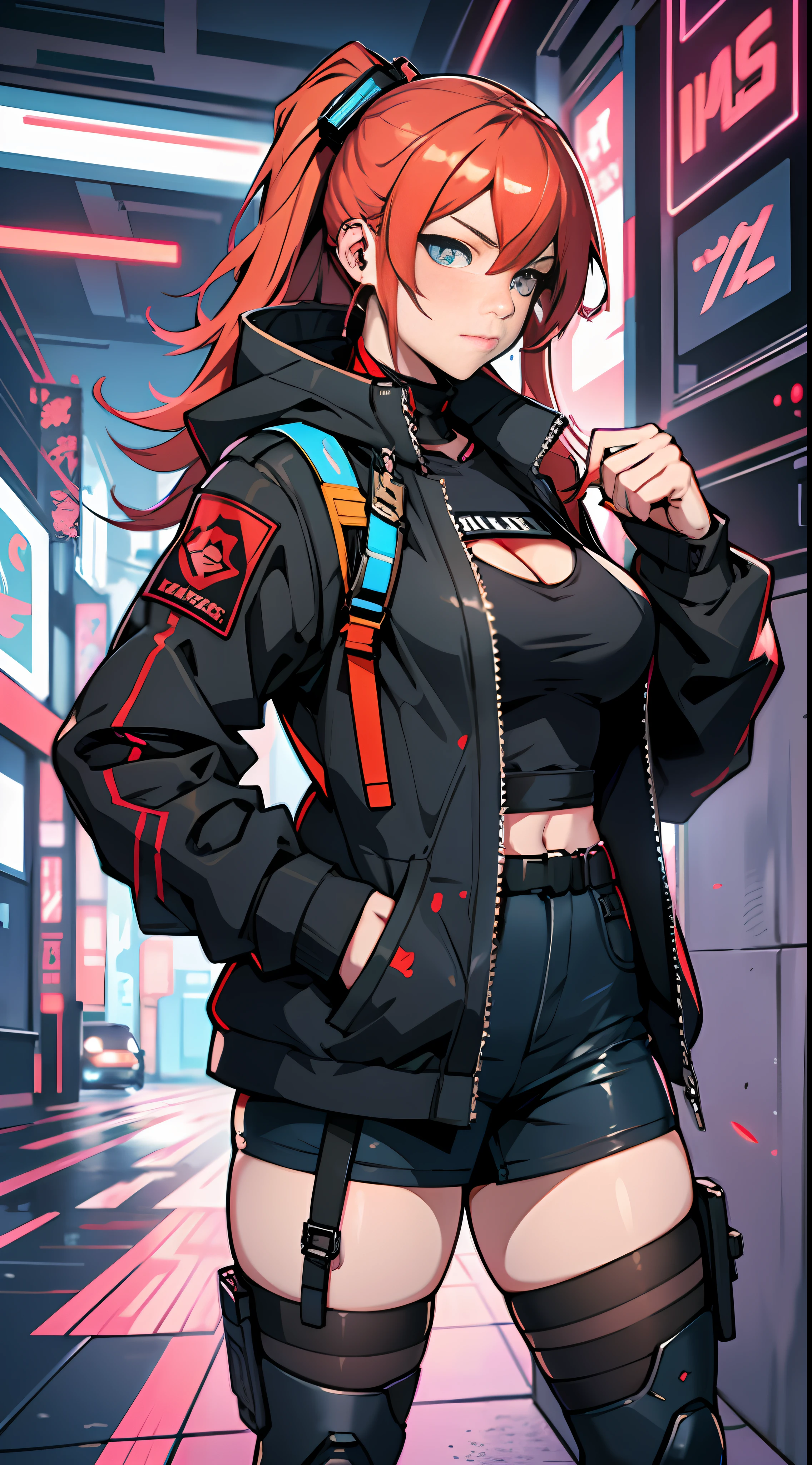 anime girl with red hair and black outfit standing in a room, from girls frontline, redline anime movie style, girls frontline style, Girls Frontline CG, From Arknights, girls frontline universe, cyberpunk anime girl, female cyberpunk anime girl, Fine details. Girl front, Girl front, cyberpunk anime girl mech, Kantai collection style, digital cyberpunk anime art