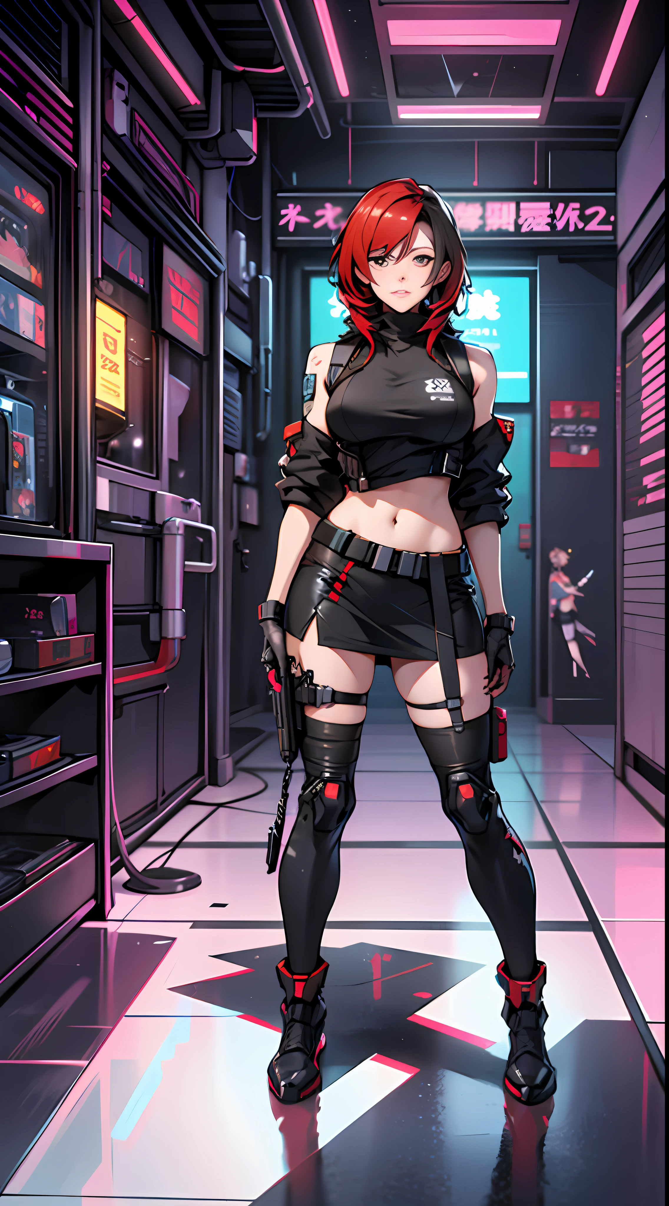 anime girl with red hair and black outfit standing in a room, from girls frontline, redline anime movie style, girls frontline style, Girls Frontline CG, From Arknights, girls frontline universe, cyberpunk anime girl, female cyberpunk anime girl, Fine details. Girl front, Girl front, cyberpunk anime girl mech, Kantai collection style, digital cyberpunk anime art