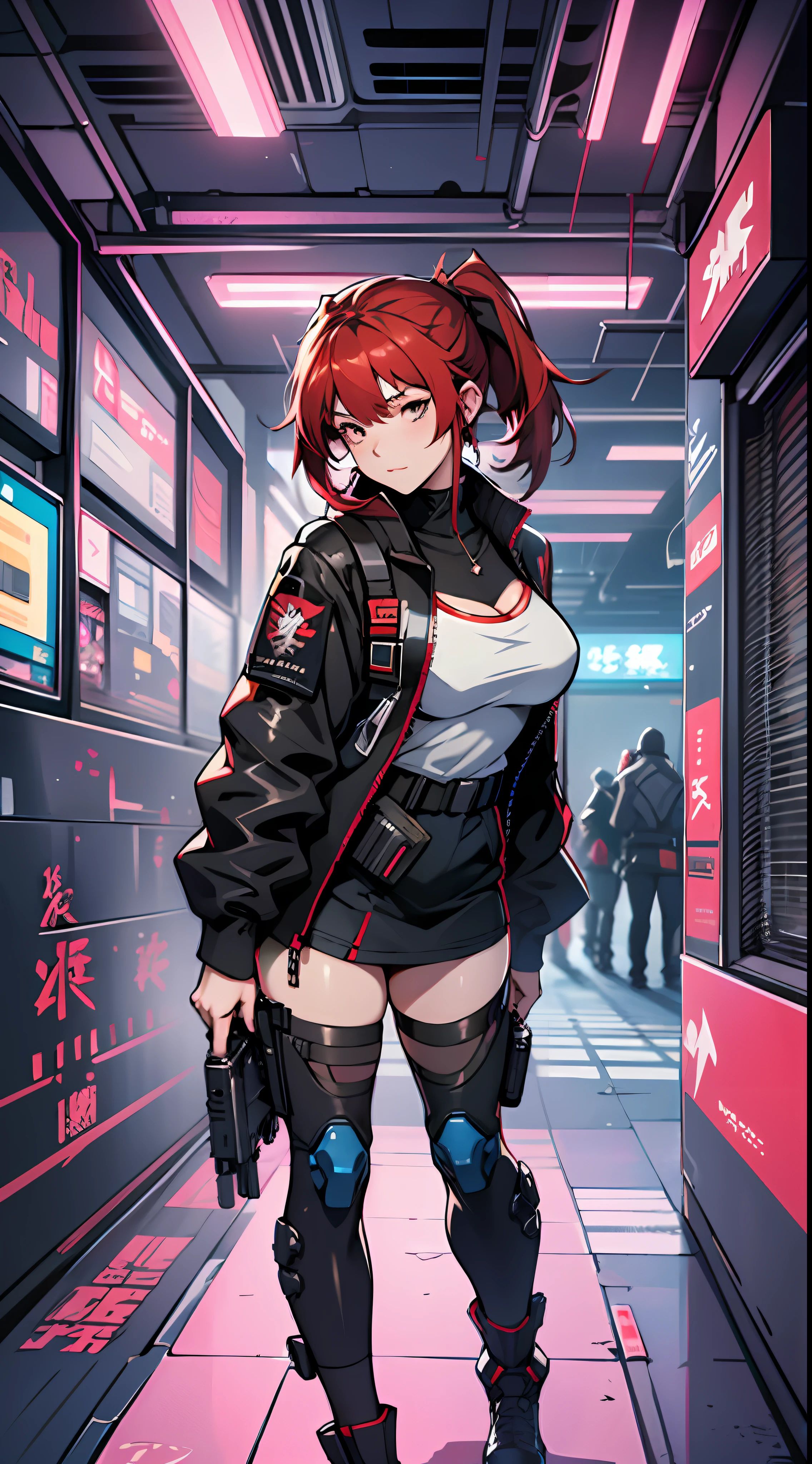 anime girl with red hair and black outfit standing in a room, from girls frontline, redline anime movie style, girls frontline style, Girls Frontline CG, From Arknights, girls frontline universe, cyberpunk anime girl, female cyberpunk anime girl, Fine details. Girl front, Girl front, cyberpunk anime girl mech, Kantai collection style, digital cyberpunk anime art