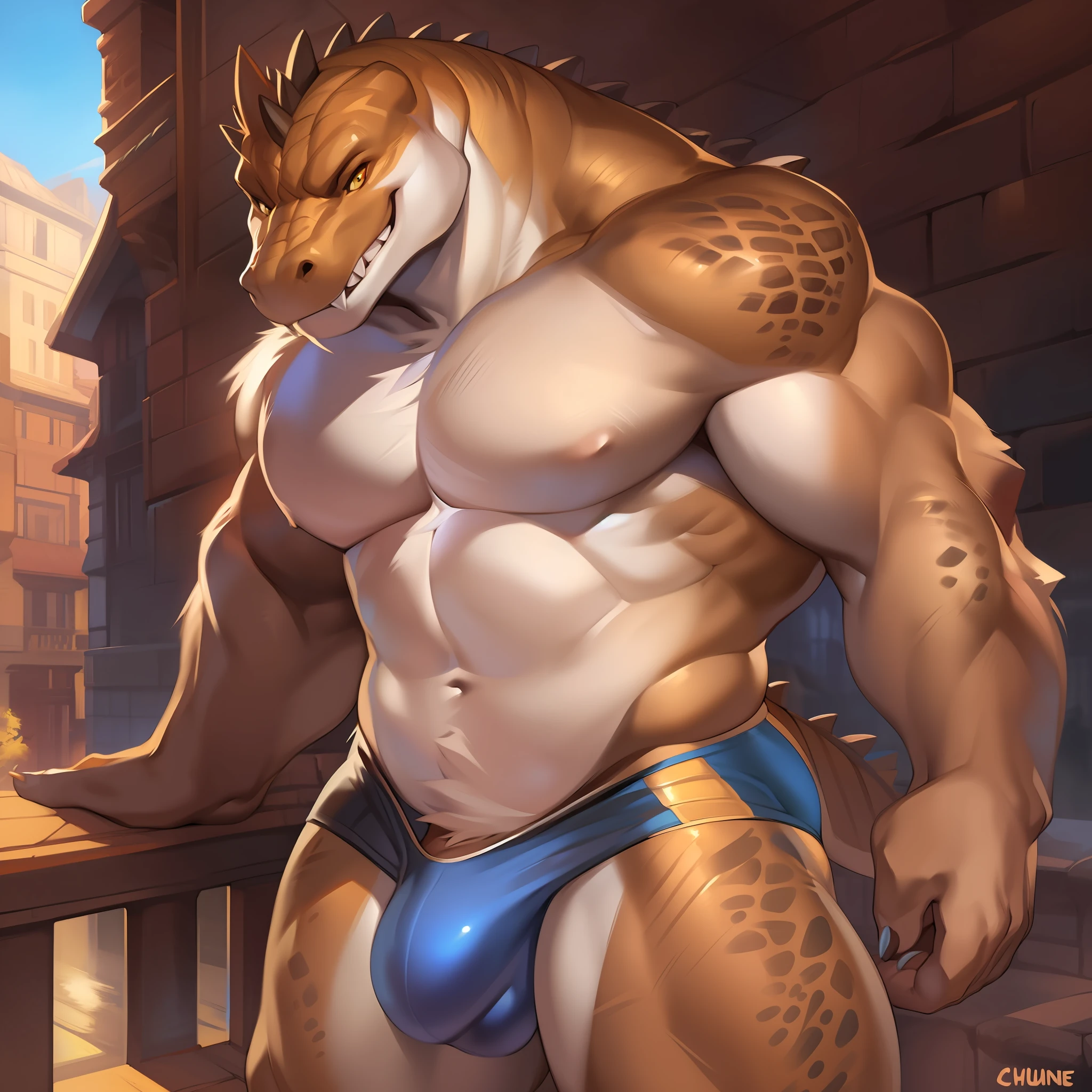 Solo, male, alligator, long snout, sharp teeth, fangs, thick face, wide face, broad shoulders, muscular, buff, strong, tall, giant, massive, enormous, gigantic, big biceps, big pecs, brown body, brown skin, yellow eyes, detailed crotch, big bulge, (((detailed bulge, genitals outline, outline of genitals))), by darkgem, by mystikfox61, by chunie, by Vader-san, standing on a bridge in front of a small fantasy town with cobblestone buildings