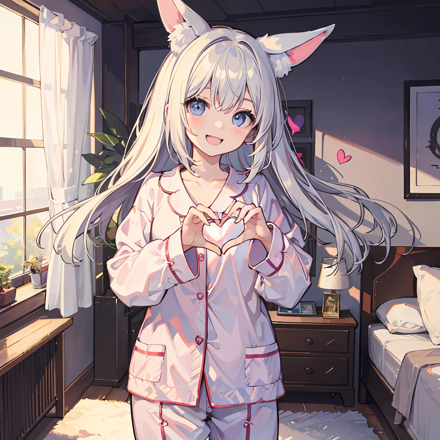 Animal Eared Girl Happy face Delighted The heart symbol is flying inside the room s Pajamas the morning sun morning