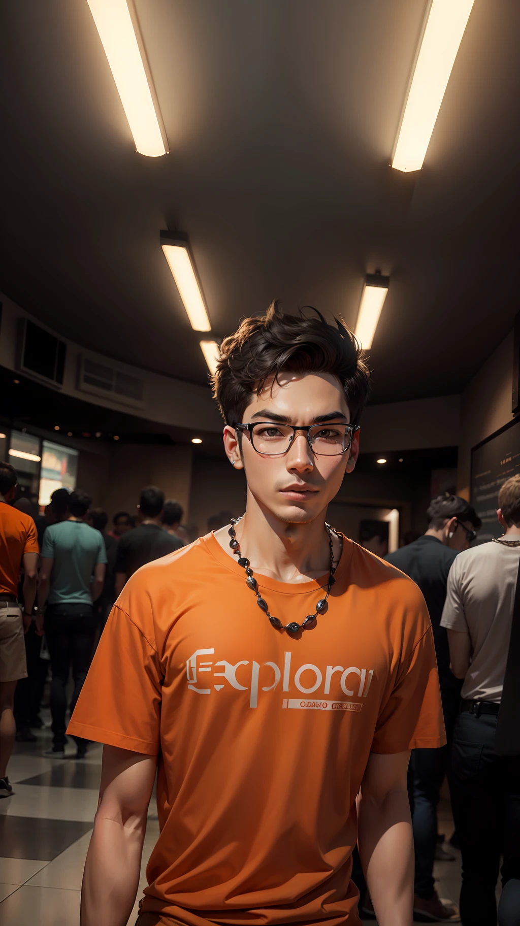 A skinny guy with black glasses, Diamond shale jawline, short hair, wearing orange tshirt, and beads necklace.