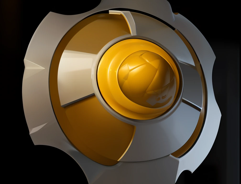 There is a shiny metal object，Inside there is a yellow ball, shield design, designed in blender, metallic shield, cinema 4 d octane, c 4 d style, Fan art, cinema 4d bright light render, smooth light shading, arte renderizada, cinema 4 d art, cinema 4d ray traced, 3 d icon for mobile game, Hard surface