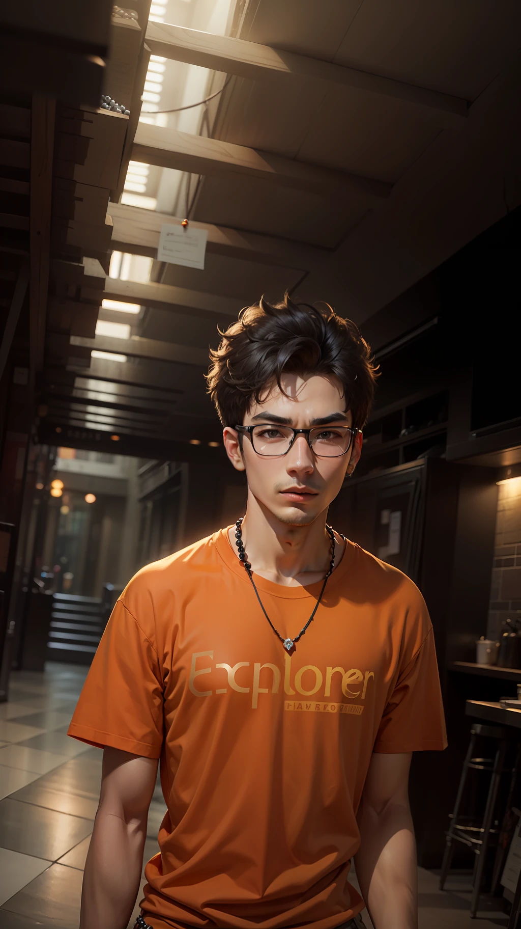 A skinny guy with black glasses, Diamond shale jawline, short hair, wearing orange tshirt, and beads necklace.