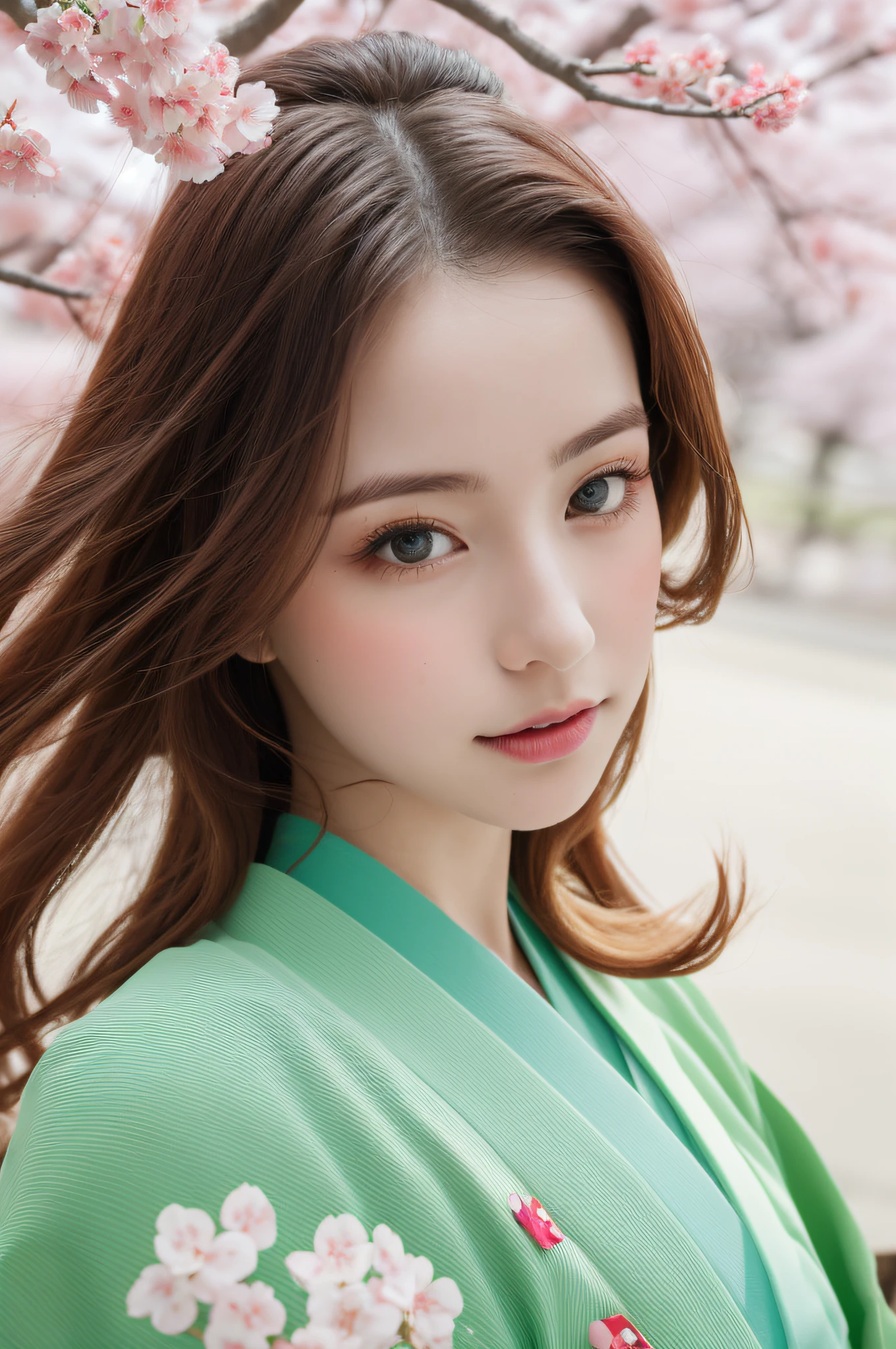 (( masterpiece, detailed, high quality, )), natural lighting, a young woman, (green eyes:1.2), long hair, red hair, hair ribbon, (medium breasts:1.2), necklace, sakura falling petals, cherry blossoms background, dynamic pose, dynamic angle, close-up, looking at viewer, (wearing white kimono_clothes:1.3), holding umbrella,