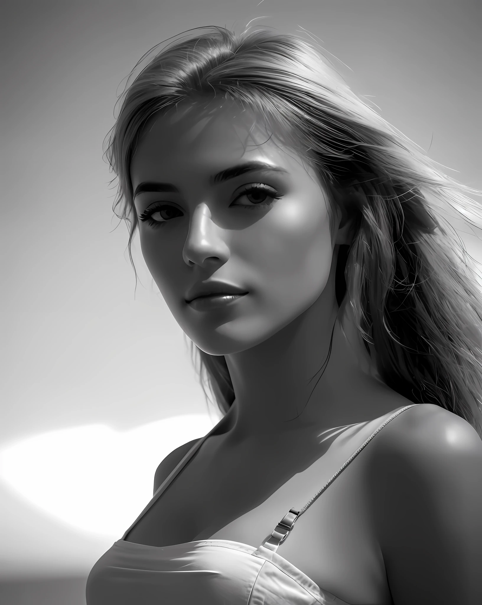 "Produza uma fotografia hiper-realista retratando uma mulher deslumbrante, Loire, no estilo ocidental, com um toque surreal, detalhada e sensual.
The image should show the delicate straps of the dress sliding gently down the shoulder, com os cachos do cabelo caindo nas pontas. Procure criar uma obra-prima de alta qualidade, with attention to shadow detail in an incredibly balanced way.
A fotografia deve ser um close-up extremo, monocromatic, retratando uma mulher ao ar livre, sob o sol. Utilize uma lente 24mm TV Nikon Z FX para obter o efeito desejado." --auto