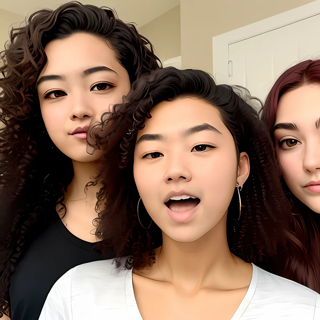 a curly-haired young man with tongue piercing along with two young women,A D3 straight hair is another of large curly hair