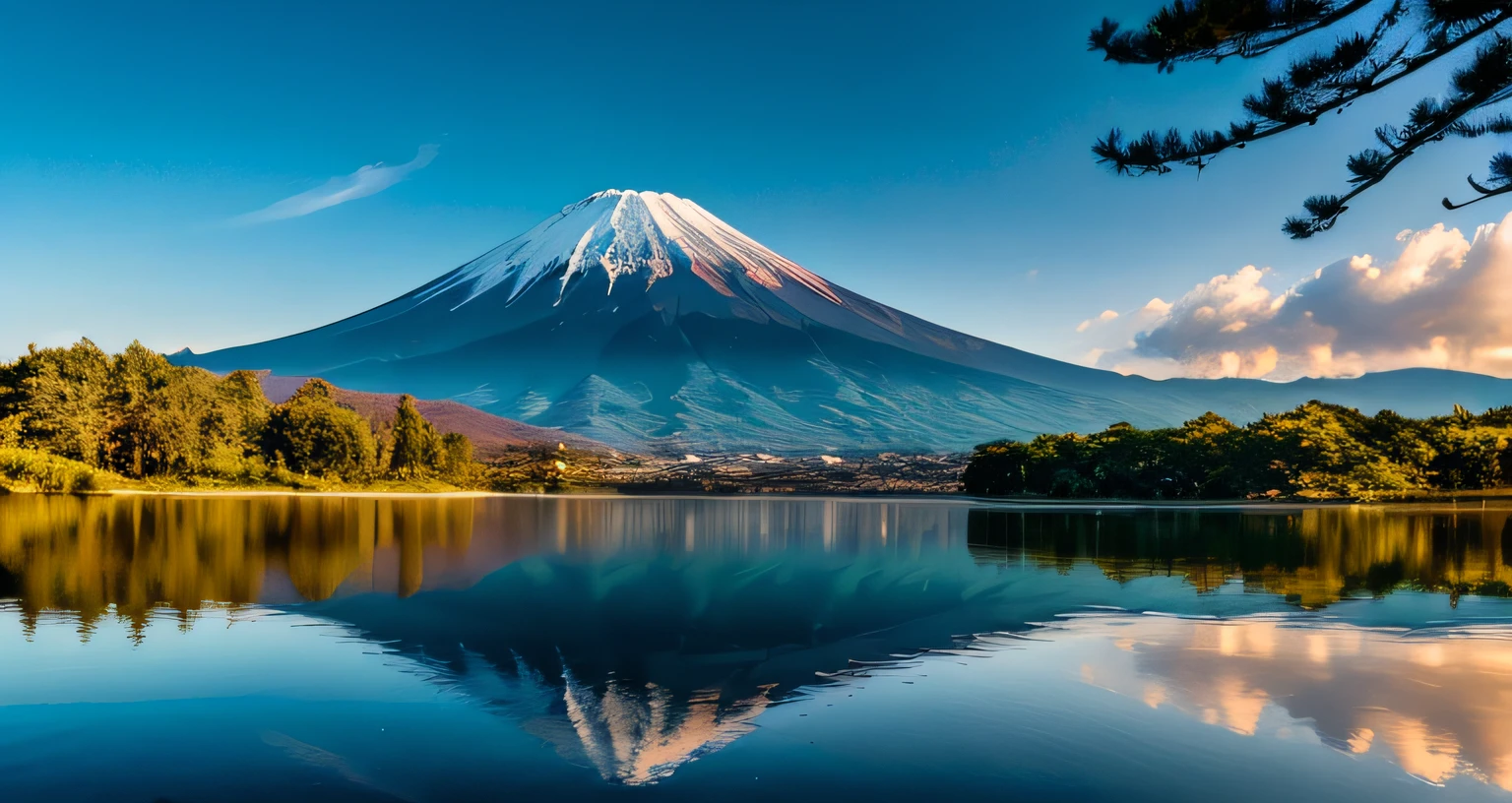 Fotos RAW do Monte. Fuji, realismo delicadamente belo, detalhe, fotorrealista, fotos ultrarrealistas, 8k UHD, DSLR, dazzling summer mountains, alta qualidade, filmic grain, Fujifilm XT3, (Masterpiece), majestoso Monte. Oyama, Mt. Fuji reflected on the surface of the lake, verde fresco bonito,