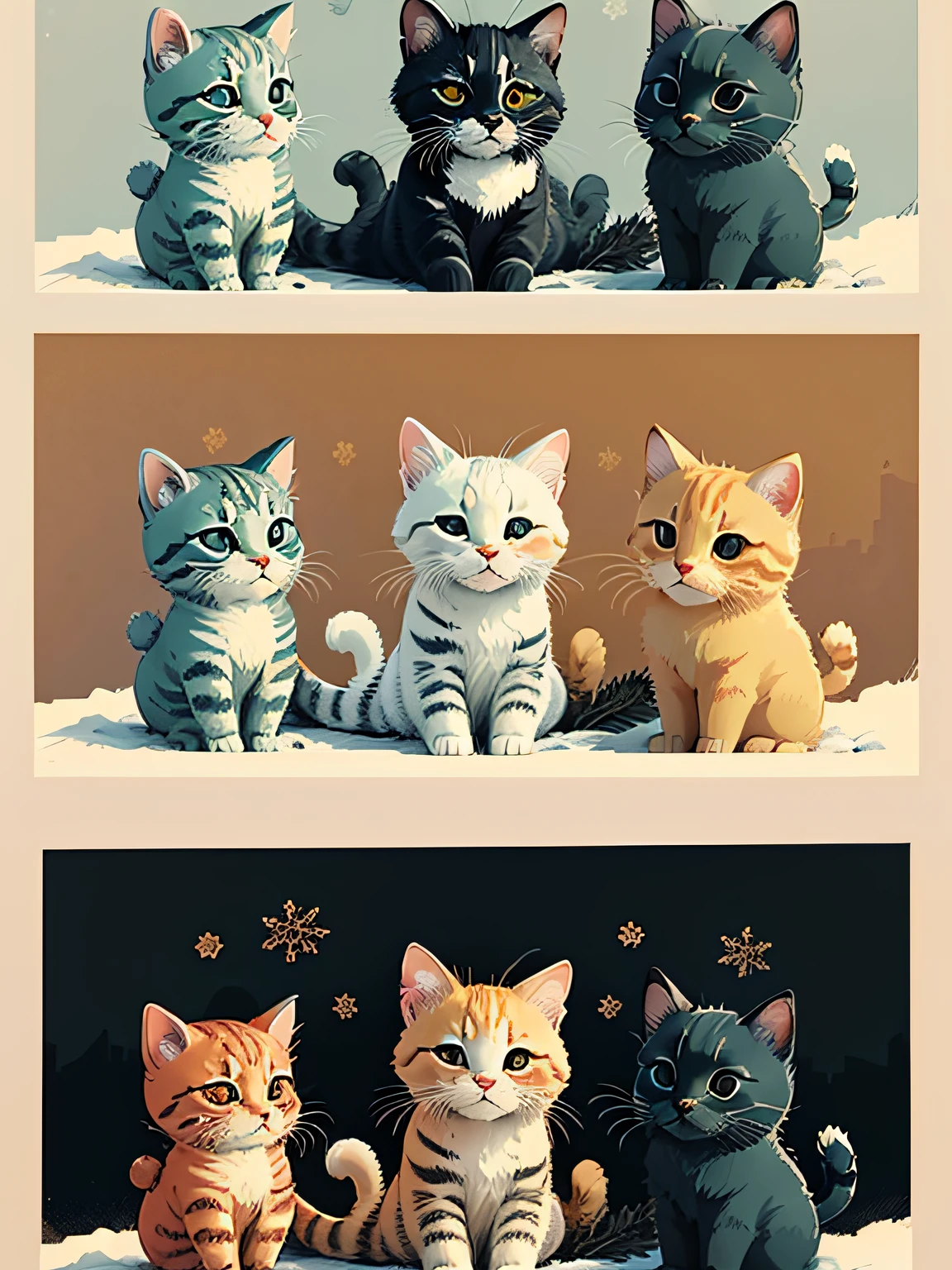 comic book! kittens! winter scene, vintage, antique, illustrated Christmas card, image centered inside wide border around all four sides, vertical rectangle, drawn vertically, in the style of Kate Greenaway!, extra highly detailed drawing, simple, flat!, vector art!--no shadows, illustration! mustard yellow, blue, rust, --auto