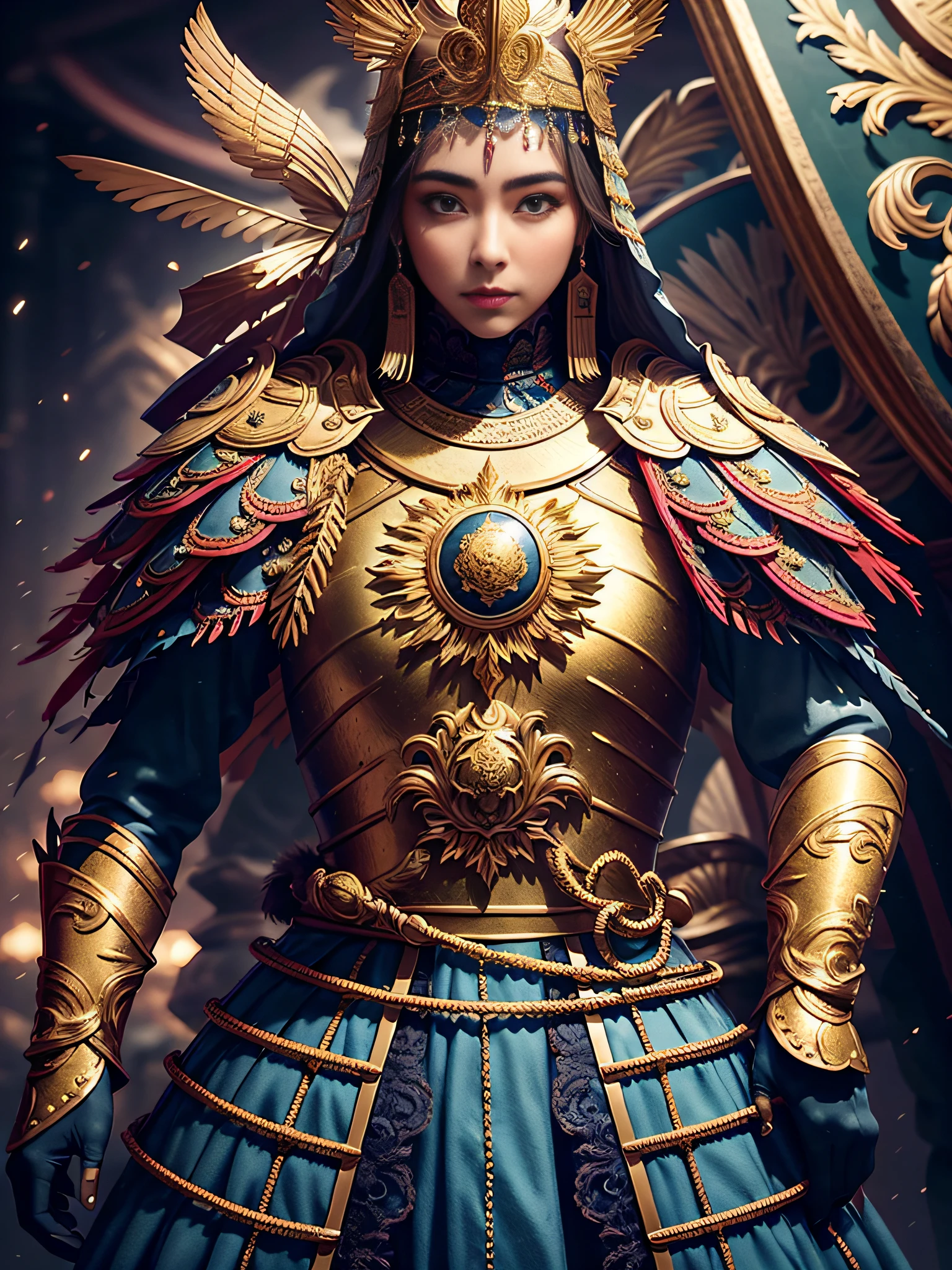 masterpiece,best quality,high detail,epic detail,hyper quality,8K,Unreal Engine,sophisticated,hyperdetailed,Extremely beautiful young lady,Subtle makeup,Hora de Ouro,realisticlying,highcontrast,A detailed,hyper-detailing,realistic skin textures,longblackhair,Best Quority,Super-High Resolution,OriginalPhoto,dramatic lighting,Diffuse luminescent complex golden Eaba,red capelet,spears,A shield