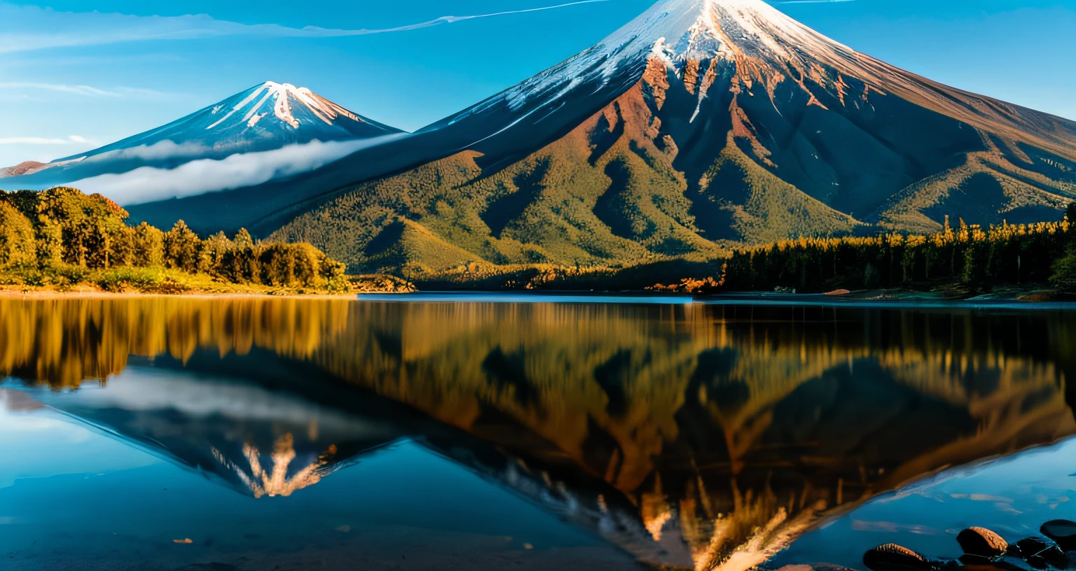 Fotos RAW do Monte. Fuji, realismo delicadamente belo, detalhe, fotorrealista, fotos ultrarrealistas, 8k UHD, DSLR, dazzling summer mountains, alta qualidade, filmic grain, Fujifilm XT3, (Masterpiece), majestoso Monte. Oyama, Mt. Fuji reflected on the surface of the lake, verde fresco bonito,