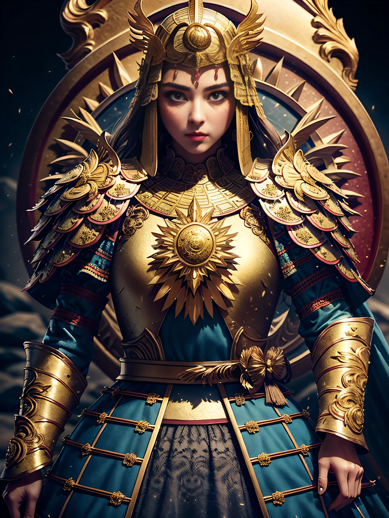 masterpiece,best quality,high detail,epic detail,hyper quality,8K,Unreal Engine,sophisticated,hyperdetailed,Extremely beautiful young lady,Subtle makeup,Hora de Ouro,realisticlying,highcontrast,A detailed,hyper-detailing,realistic skin textures,longblackhair,Best Quority,Super-High Resolution,OriginalPhoto,dramatic lighting,Diffuse luminescent complex golden Eaba,red capelet,spears,A shield