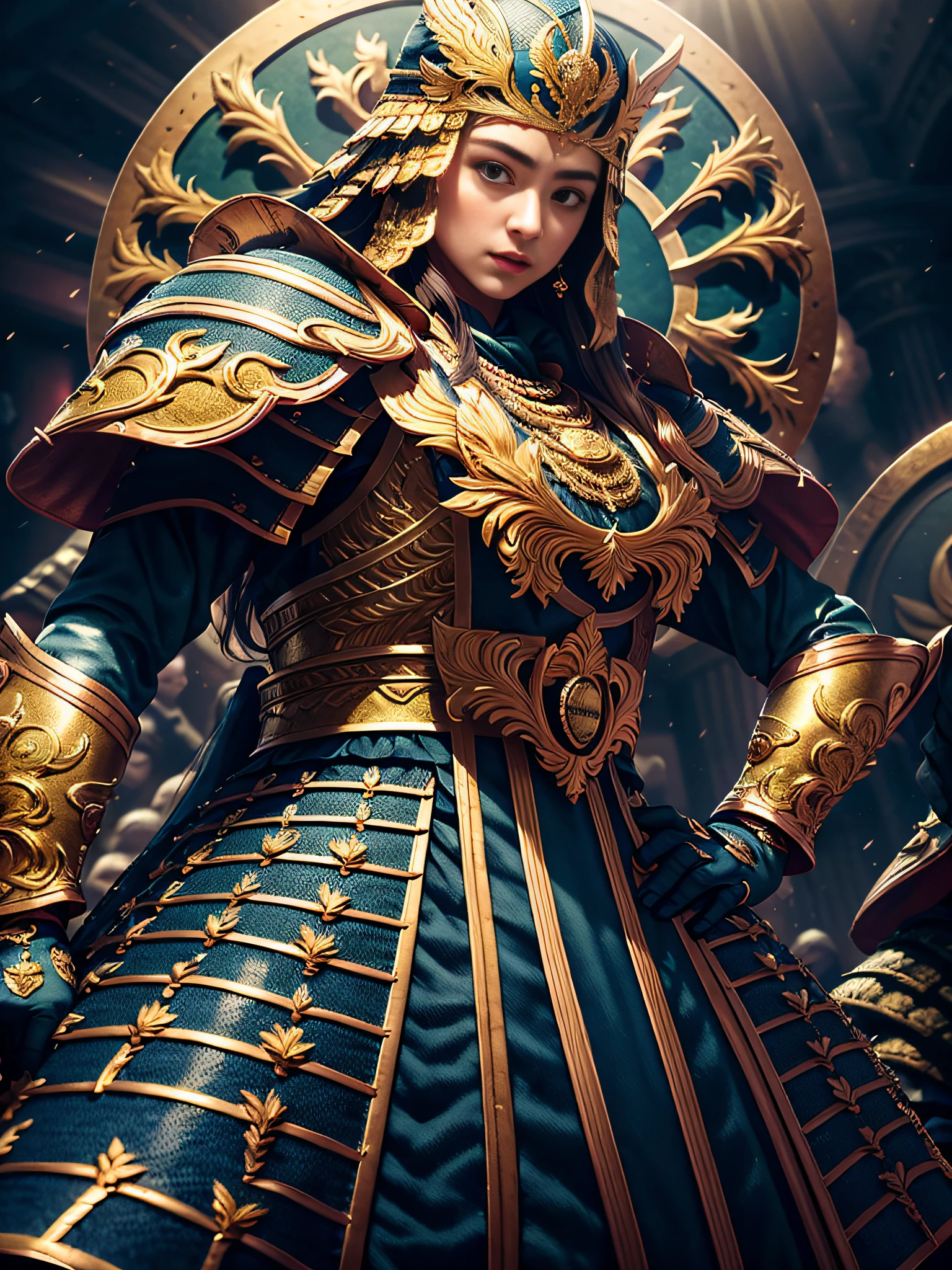 masterpiece,best quality,high detail,epic detail,hyper quality,8K,Unreal Engine,sophisticated,hyperdetailed,Extremely beautiful young lady,Subtle makeup,Hora de Ouro,realisticlying,highcontrast,A detailed,hyper-detailing,realistic skin textures,longblackhair,Best Quority,Super-High Resolution,OriginalPhoto,dramatic lighting,Diffuse luminescent complex golden Eaba,red capelet,spears,A shield