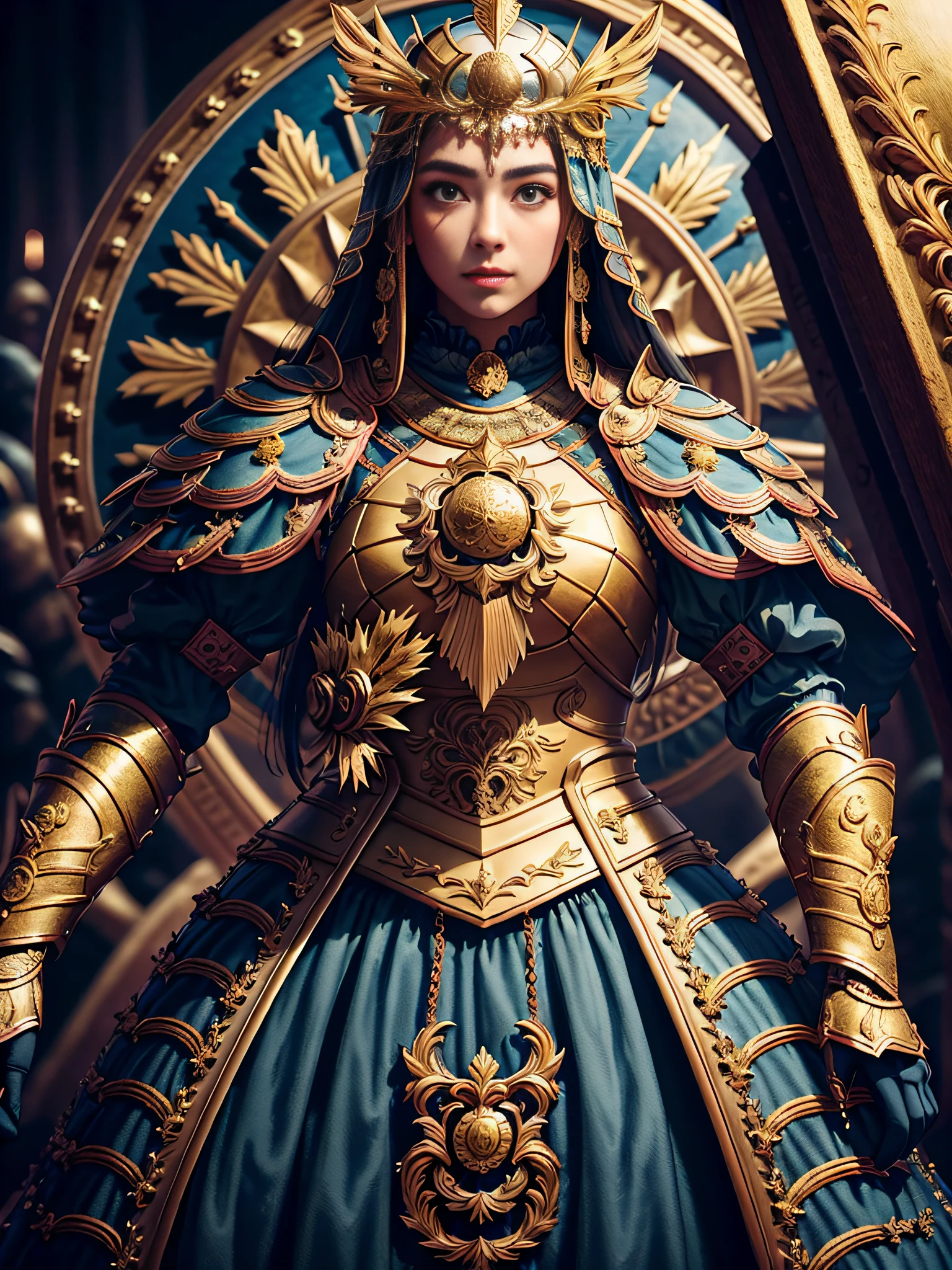 masterpiece,best quality,high detail,epic detail,hyper quality,8K,Unreal Engine,sophisticated,hyperdetailed,Extremely beautiful young lady,Subtle makeup,Hora de Ouro,realisticlying,highcontrast,A detailed,hyper-detailing,realistic skin textures,longblackhair,Best Quority,Super-High Resolution,OriginalPhoto,dramatic lighting,Diffuse luminescent complex golden Eaba,red capelet,spears,A shield