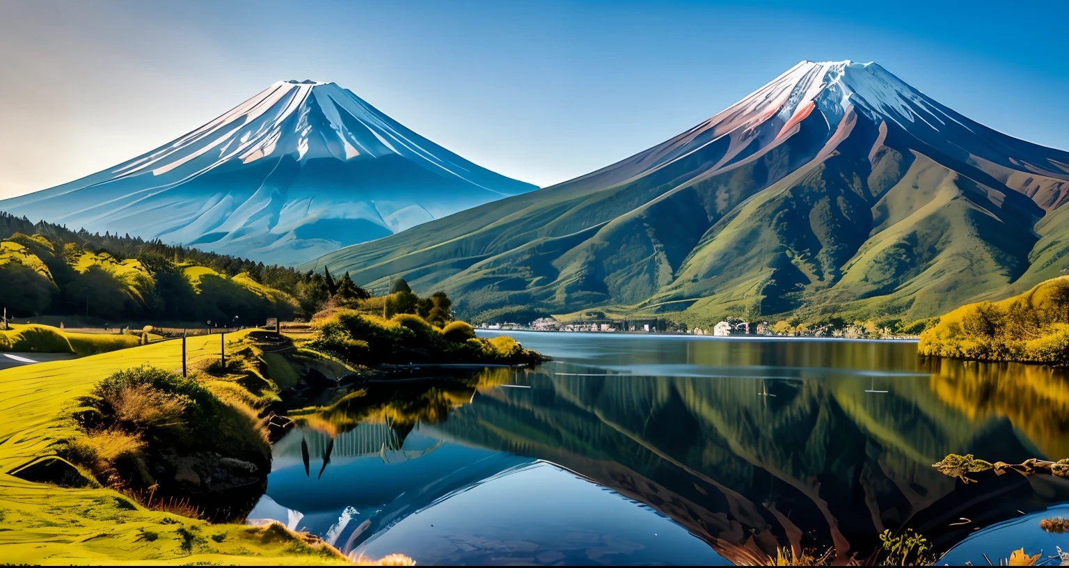 Fotos RAW do Monte. Fuji, realismo delicadamente belo, detalhe, fotorrealista, fotos ultrarrealistas, 8k UHD, DSLR, dazzling summer mountains, alta qualidade, filmic grain, Fujifilm XT3, (Masterpiece), majestoso Monte. Oyama, Mt. Fuji reflected on the surface of the lake, verde fresco bonito,