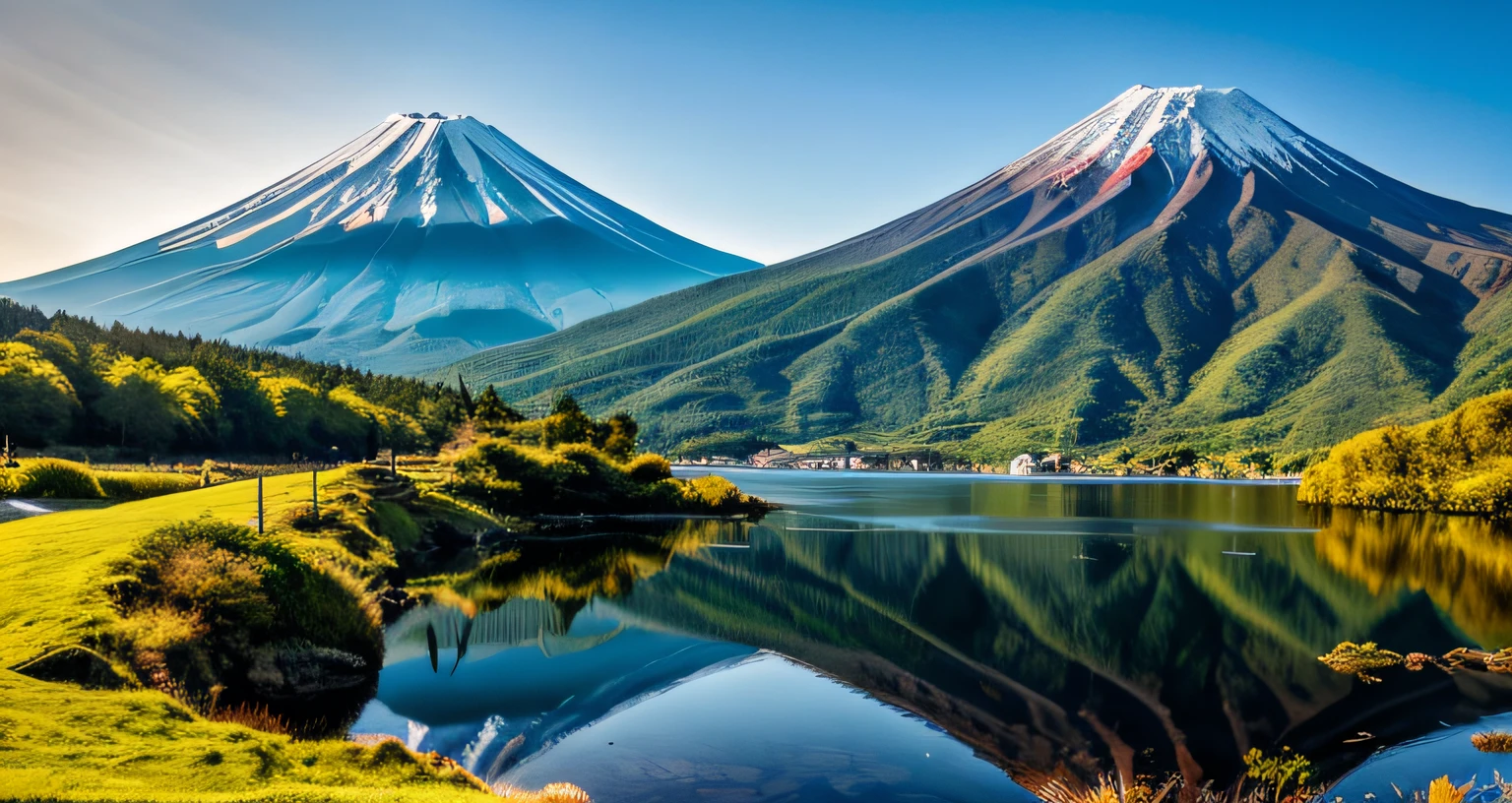 Fotos RAW do Monte. Fuji, realismo delicadamente belo, detalhe, fotorrealista, fotos ultrarrealistas, 8k UHD, DSLR, dazzling summer mountains, alta qualidade, filmic grain, Fujifilm XT3, (Masterpiece), majestoso Monte. Oyama, Mt. Fuji reflected on the surface of the lake, verde fresco bonito,