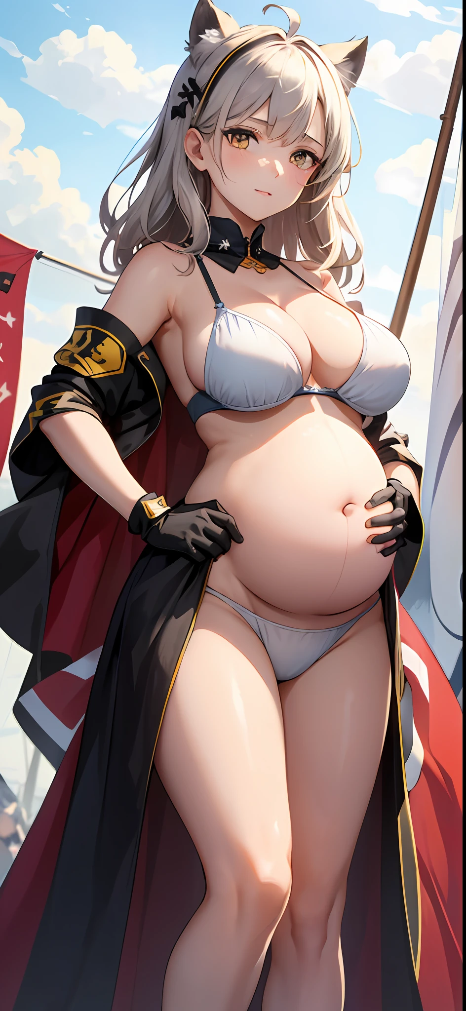 a masterpiece of， the best quality， PrinzV4， 1girl huge large breasts， 独奏， length hair， udder， looking looking at viewer， large tities，Large breasts， mitts， Belly button， Hold， White liquid， Yellow eyes， White hair， red hair， O cabelo multicolorido， Open your clothes， Black gloves， Open bra， Official alternative costumes， Striped hair， latte， hand on hips， underboobs， head gear， Banner， White panties， Queen of the game， Hold the flag，pregnant women with，shot on the body，cum on the stomach，The white liquid is drizzled all over the body