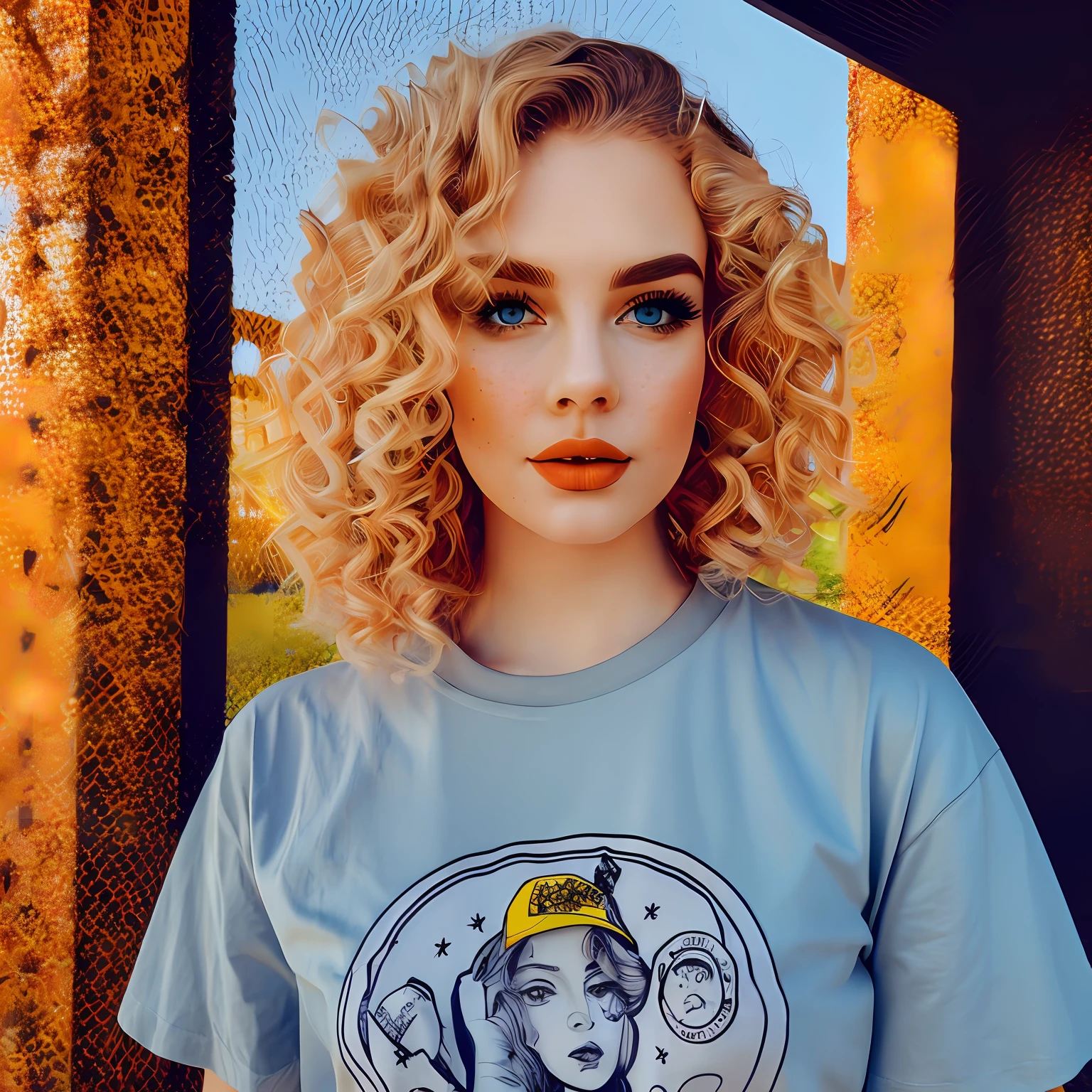 Aesthetic art, a woman, red hair, blue eyes, curly hair, (own photo on the t-shirt), freckles on both cheeks, full lips, sympathetic look, fair skin, orange t-shirt, Yellow, white, black jeans, small construction, --auto