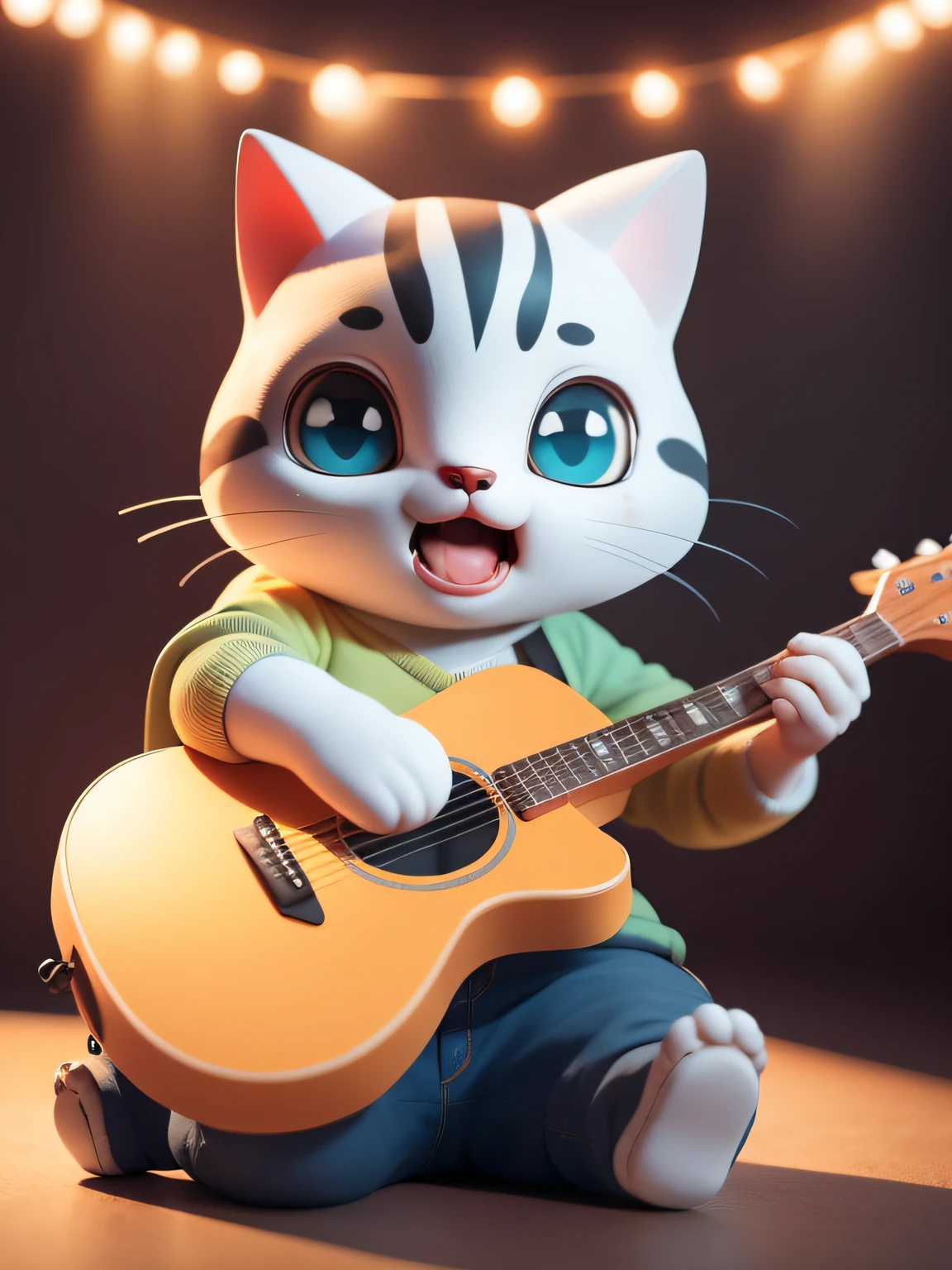 (melhor qualidade), Picture of a funny cat, playing guitar on a well-lit stage, Comic creative process, raios de luzes coloridas, multicolorido, Hilarious scene, animado e alegre.